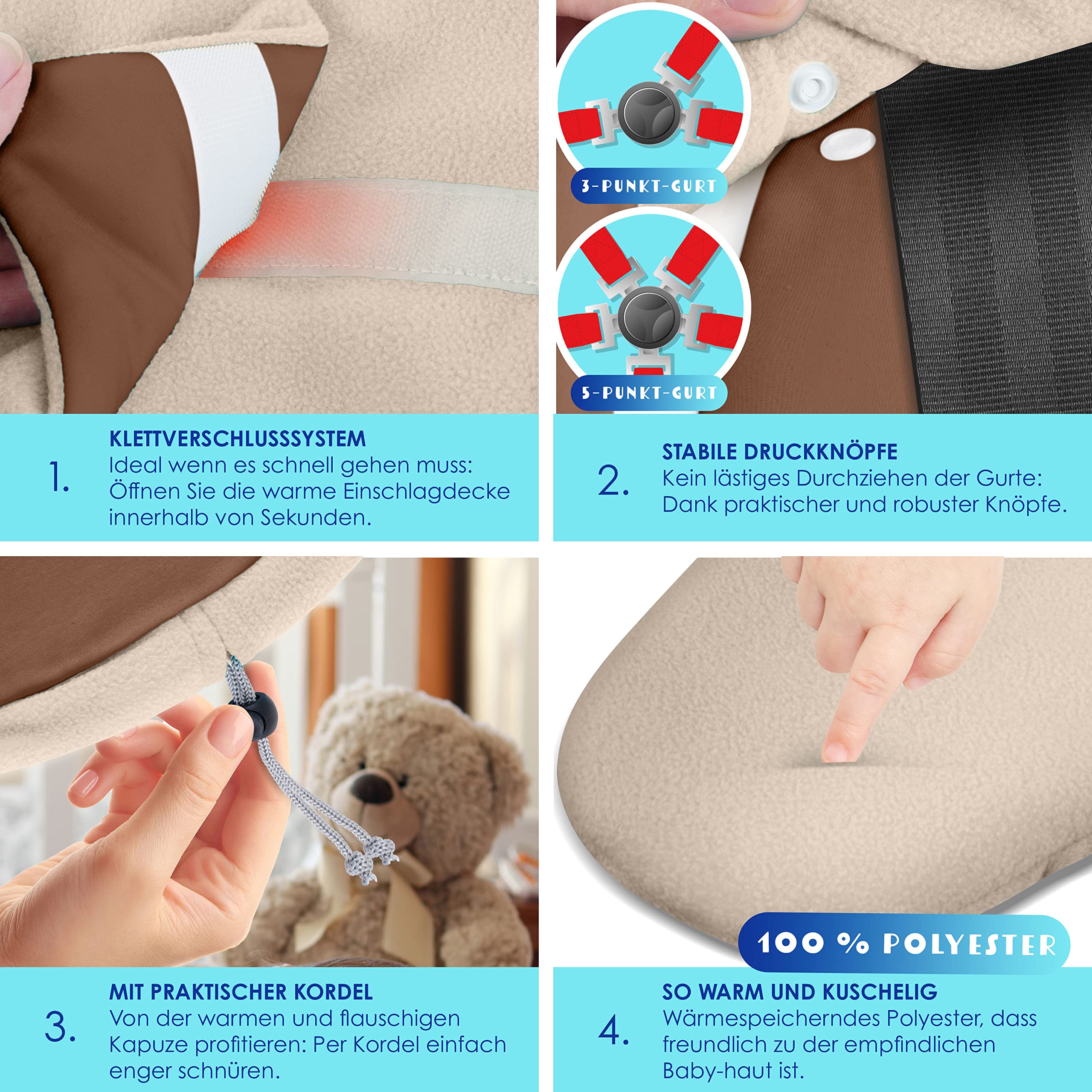KIDIZ® Couverture Hiver avec Capuche + Poche Universelle pour Bébé - Compatible Coque, Siège Auto, Römer, Buggy, Lit, Poussette & Systèmes de Ceinture 3 & 5 Points