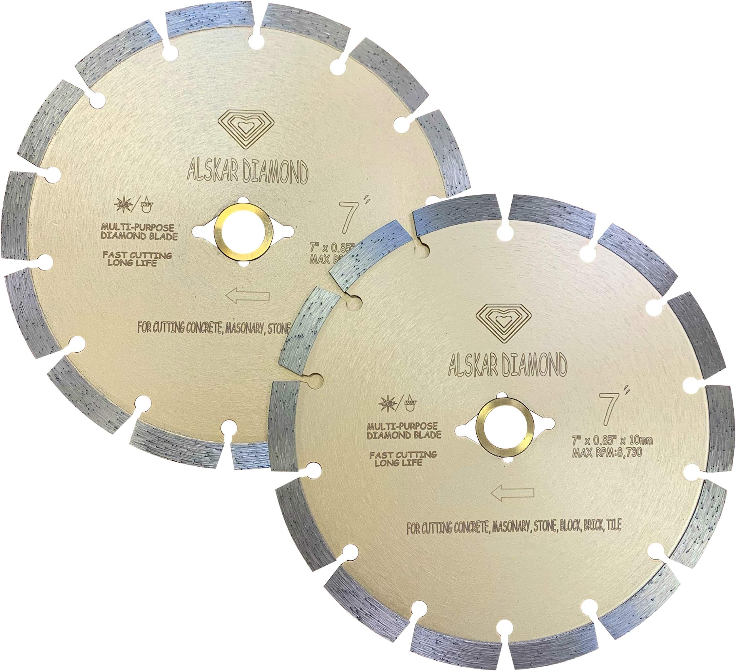 (2 Pack) ALSKAR DIAMOND USA ADLSS 7 inch Dry or Wet Cutting General Purpose Power Saw Segmented Diamond Blades for Concrete Stone Brick Masonry (7" - 2 pcs)
