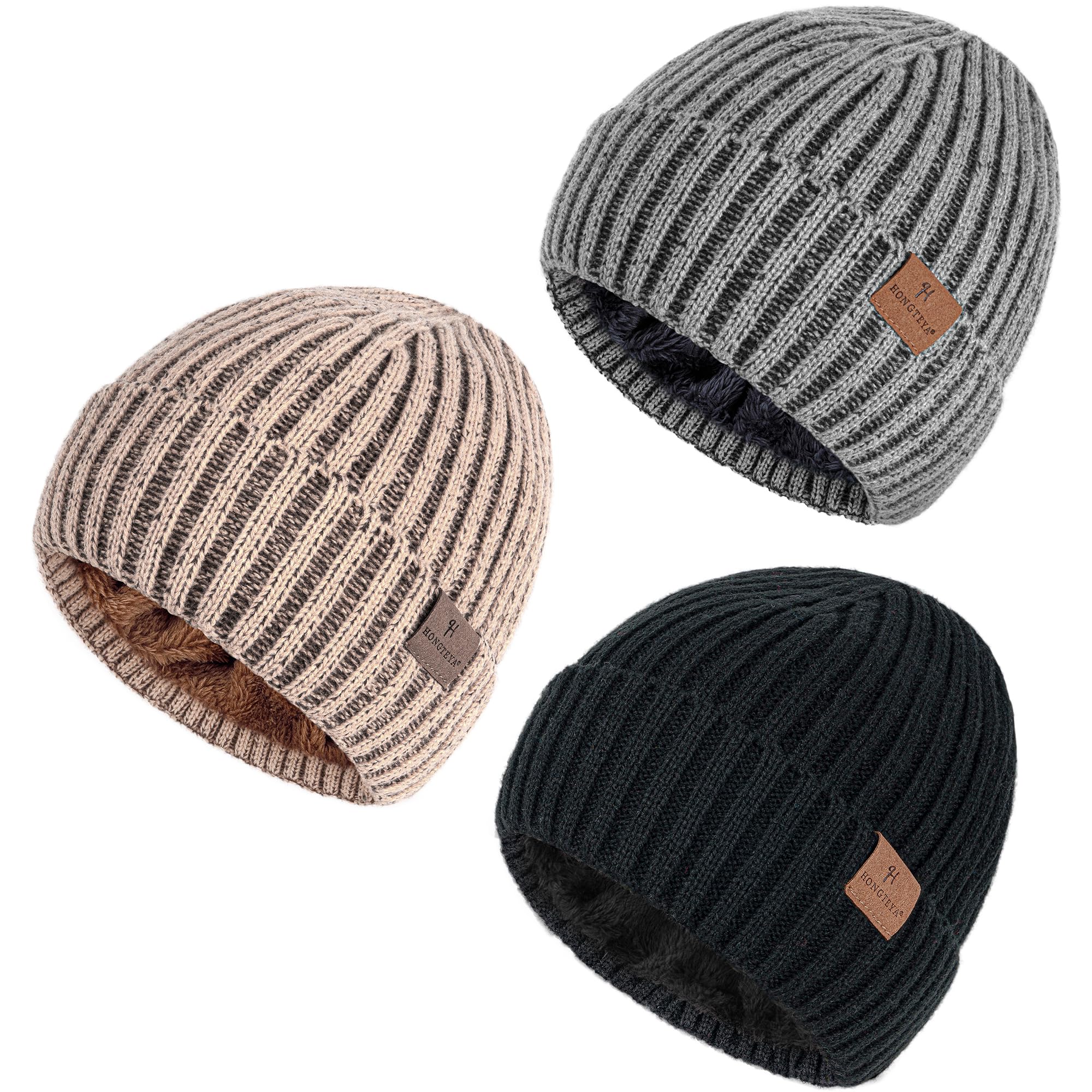 HONGTEYA 3 Pack Winter Beanie for Men Women Thicken Thermal Plush Lined Beanie Fashion Warm Knit Hat for
