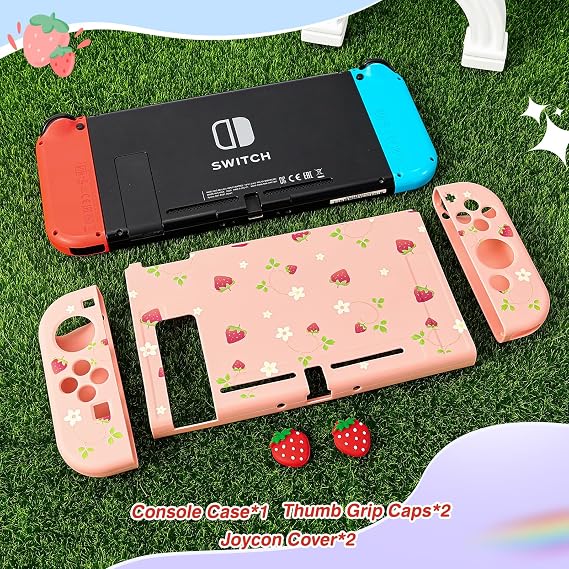 DLseego Protective Soft TPU Case for Nintendo Switch, Grip Cover for Joy-Handle, Detachable Controller Shockproof & Scratch-Resistant Console Shell, 2 Thumb Grips, Flower Strawberry, Pink 1 Switch