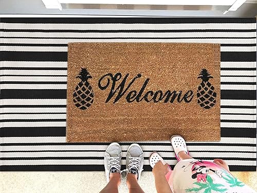 Miniatura 3 de KOZYFLY - Tapete a rayas blancas y negras de 3 x 5 pies, tejido de algodón, lavable, color negro, alfombra para interiores y exteriores, como tapete