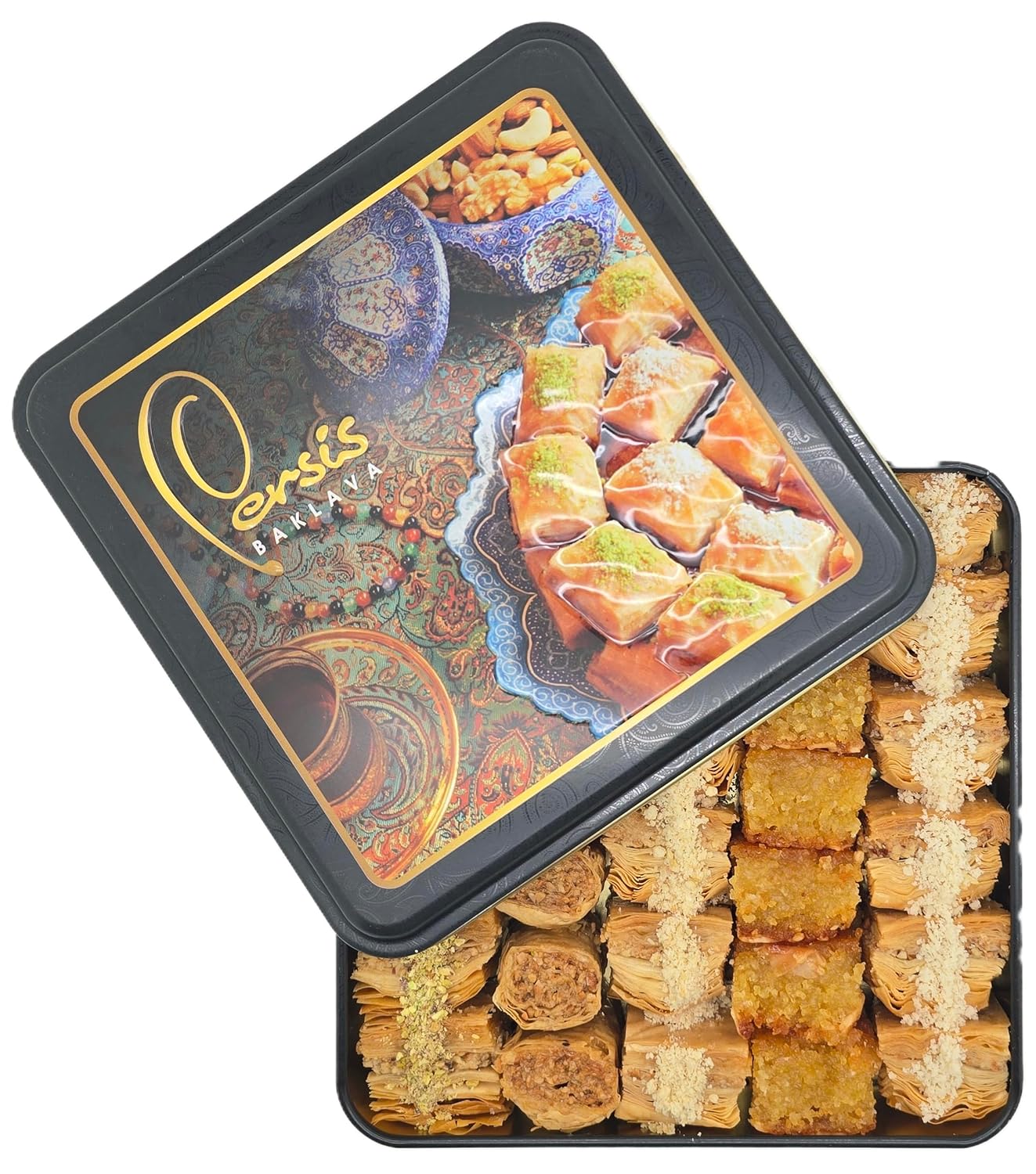 Persis 1.57 Lb (710g) Vegan Baklava Gift Box | Christmas, New Year Sweets | Baklava Pastry with Cashew, Almond, Walnut, Pistachio | Vegan Pastry | Baclava Gift Set in Luxury Embossed Tin (32 Pieces)