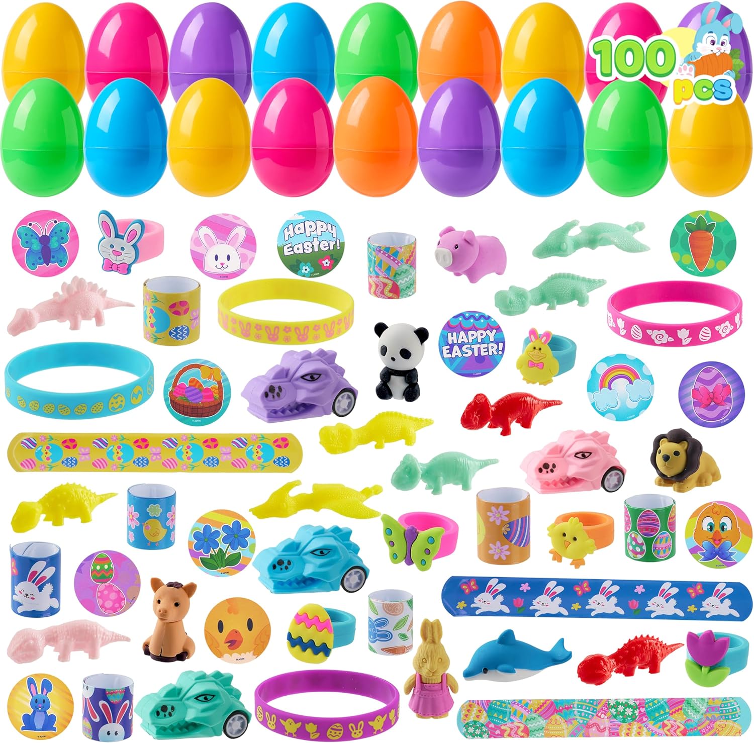 JOYIN 100 Pcs Prefilled Easter Eggs With Assorted Toys Plus Stickers Inside, Stuffed Eggs with Diverse toys for Easter Egg Hunt, Kids Basket Stuffers Fillers, Party Favors, Classroom Prize Supplies
