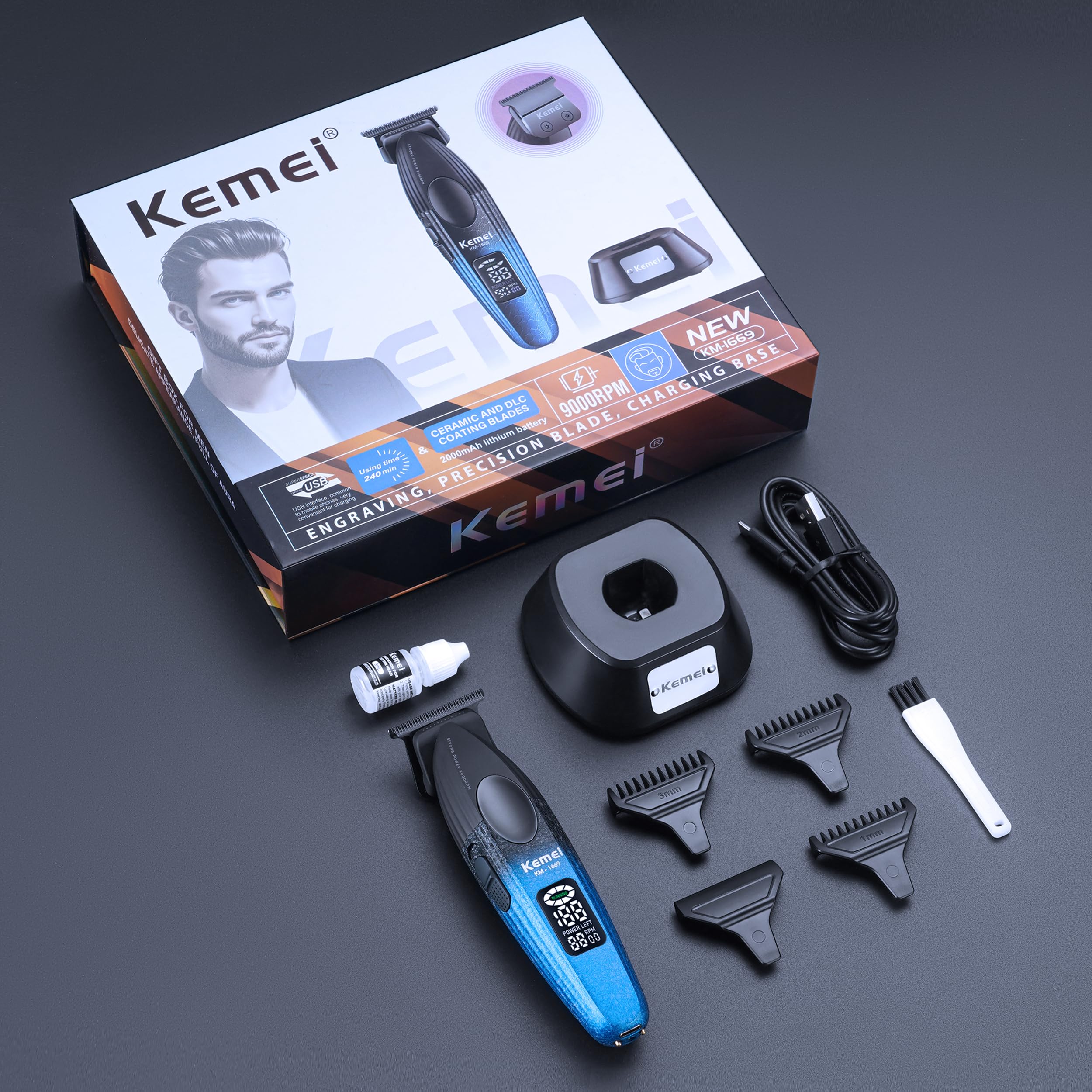 KEMEI 1669 Bartschneider für Männer, Kabelloser Haarschneider | mit LED-Anzeige, 9000 U/min Haarschneidemaschine für Barbier mit Ladebasis, DLC-beschichtete T-Klinge