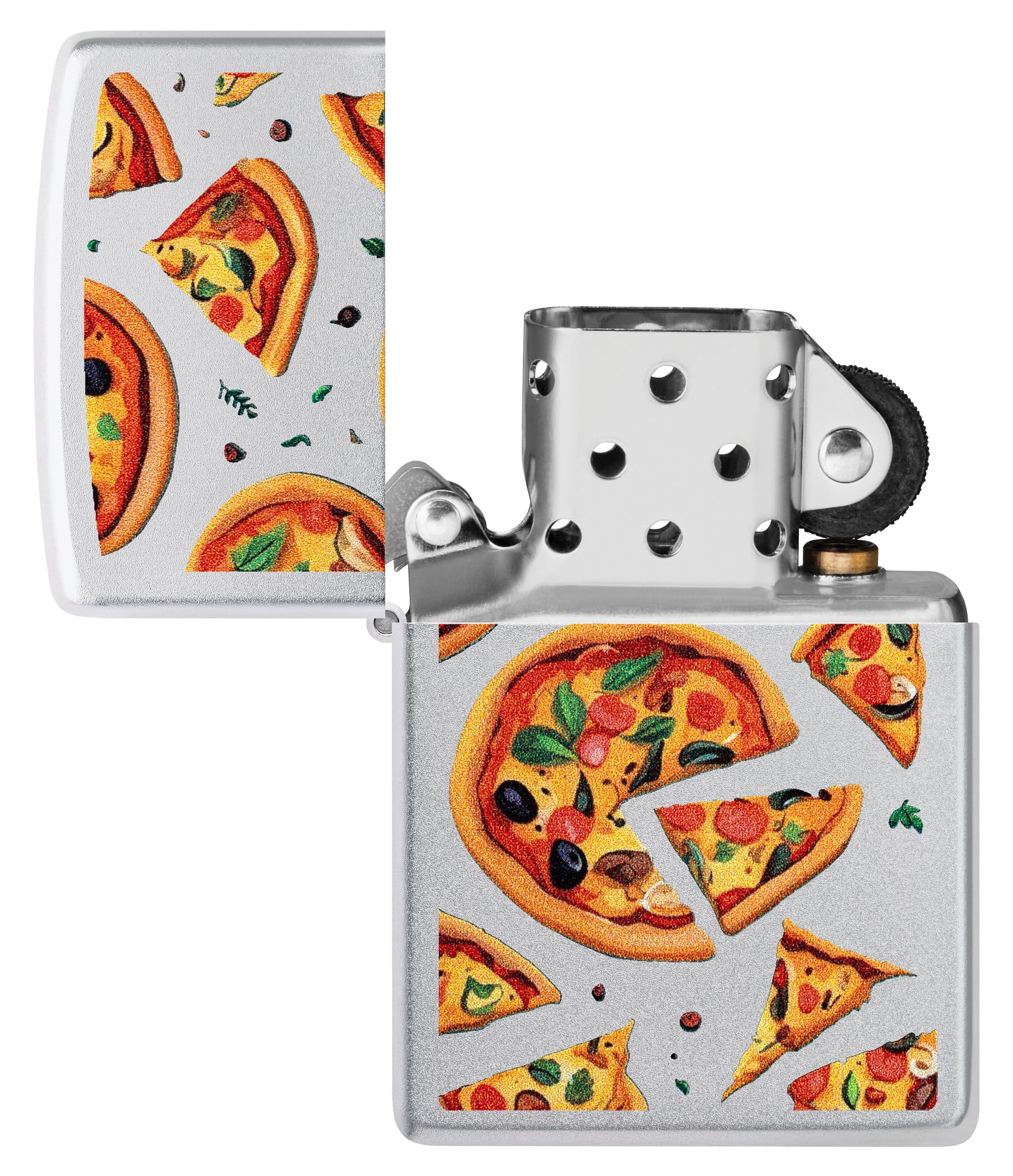 Zippo Windproof Lighter - Pizza, Satin Chrome, Colour Image - Refillable - Reusable - Windproof Design - Gift Box - Made in USA - Image 4