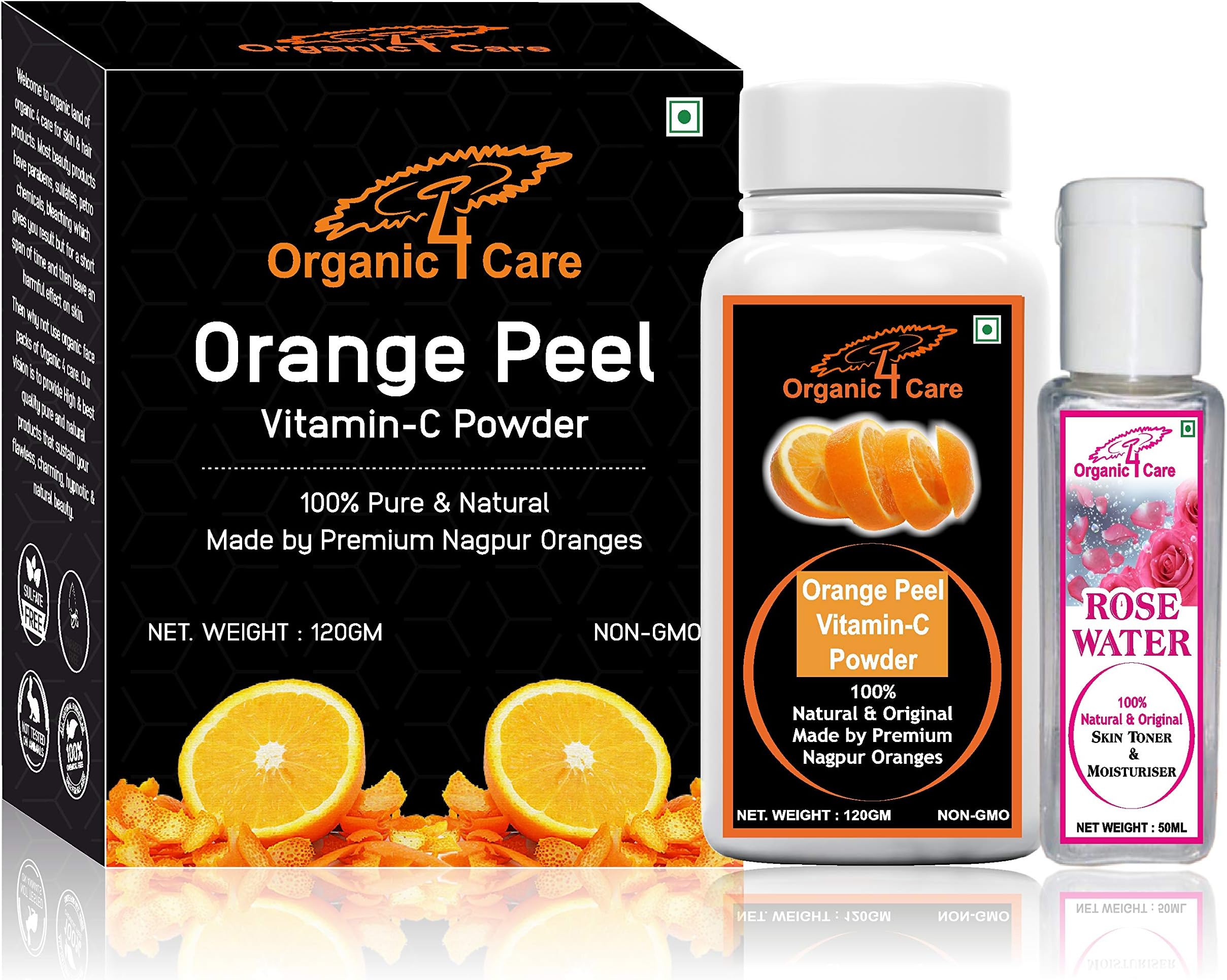 Organic 4 Care orange peel powder for face and skin whitening-120 gm with Rose water-50 ml