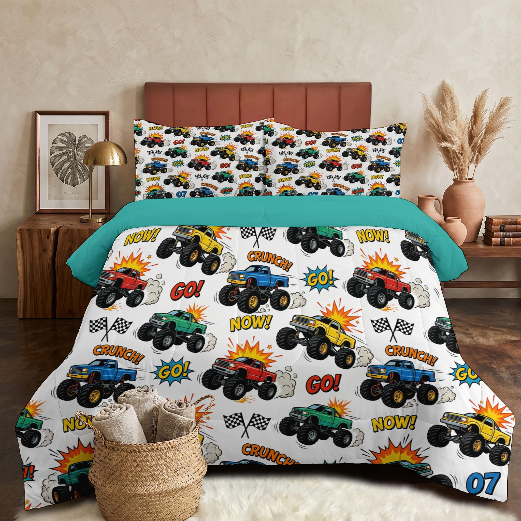 Juego de Edredón Infantil 200x200cm con Almohada para Cama 105 – Relleno Nórdico Vehículo Todoterreno Bigfoot Edredones Estilo Callejero Americano 4 Estaciones Nórdico Conforter, Azul Verdoso