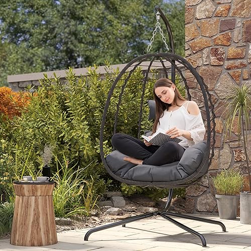Egg Chair with Stand, Patio Wicker Hanging Chair, Hammock Swing Chair, 350LBS Capacity for Bedroom, Balcony, Garden(BR-GR)