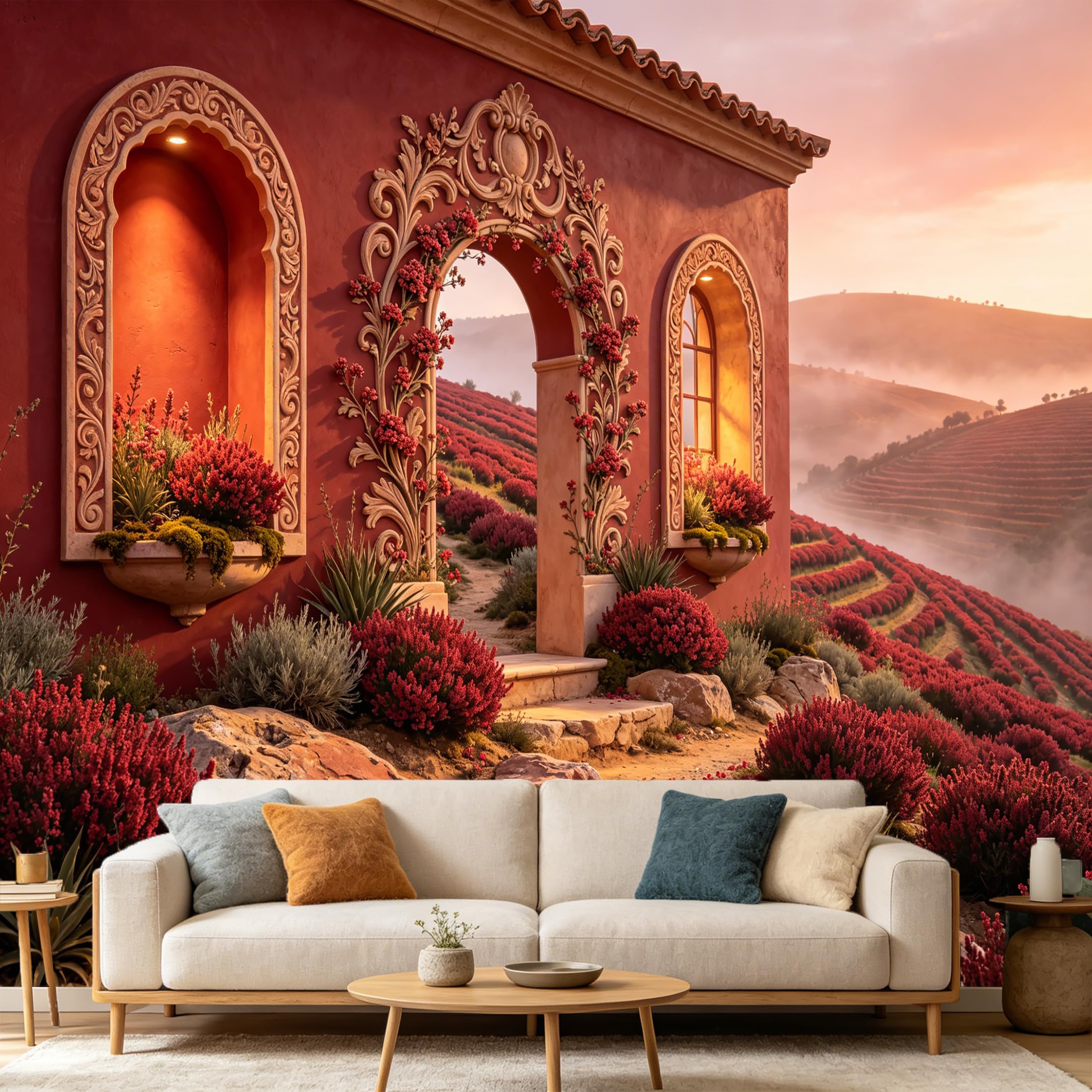Custom Size Wall Mural， Mediterranean Tuscan Landscape Sunset Archway Flowers， SelfAdhesive Art Prints wall Fabric Removable Large Wallpaper Home Living Room Decor