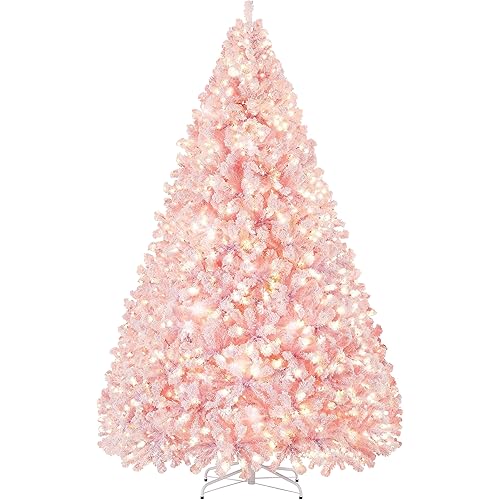 Yaheetech 9ft Pre-lit Artificial Christmas Tree with Incandescent Warm White Lights, Snow Flocked Full Prelighted Xmas Tree with 2084 Branch Tips, 900 Incandescent Lights & Foldable Stand, Pink