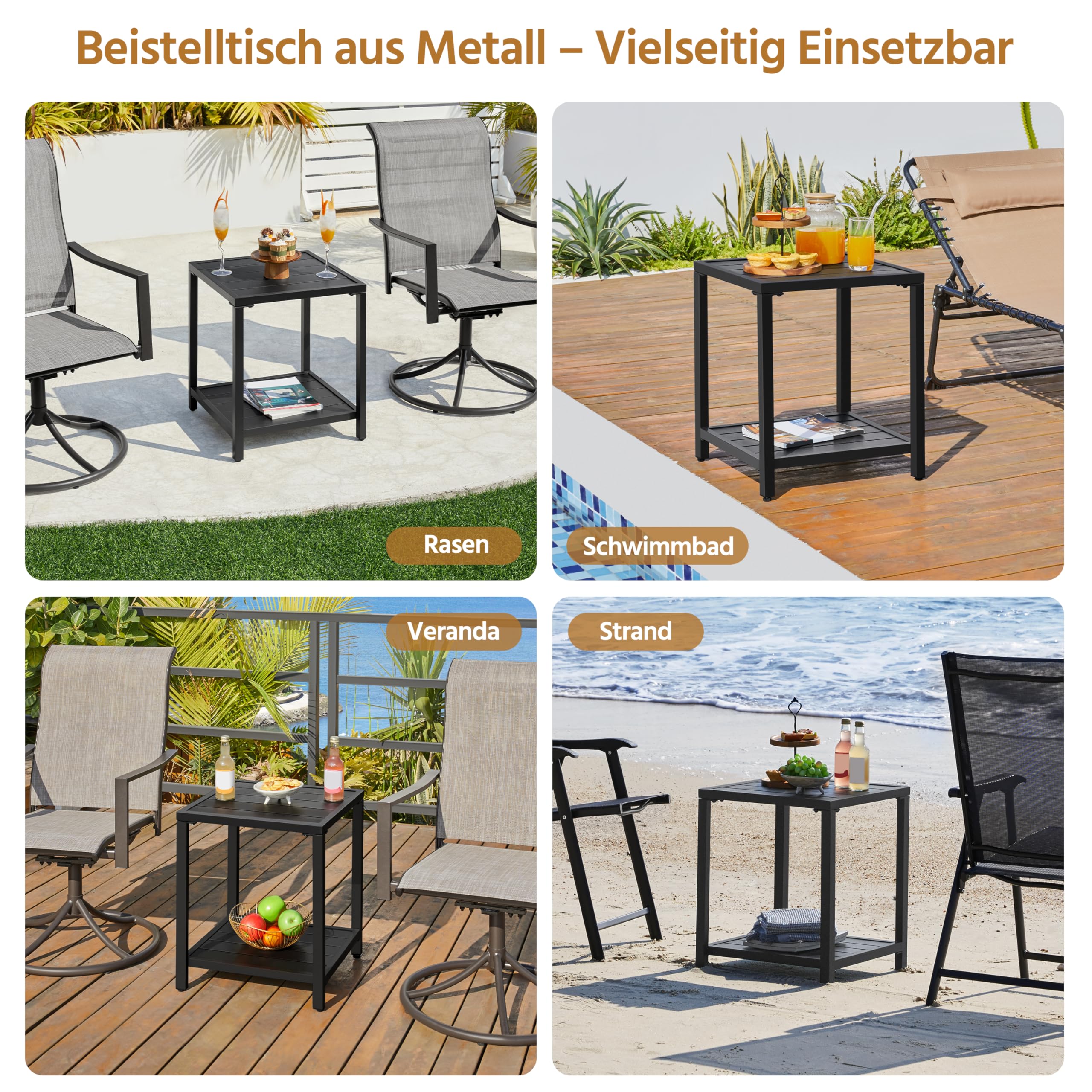 Yaheetech Doppelschichtiger Gartentisch Beistelltisch aus Latten Quadratischer Kaffeetisch aus Metall für Draußen Outdoor-Tisch 45×45×54 cm Schwarz