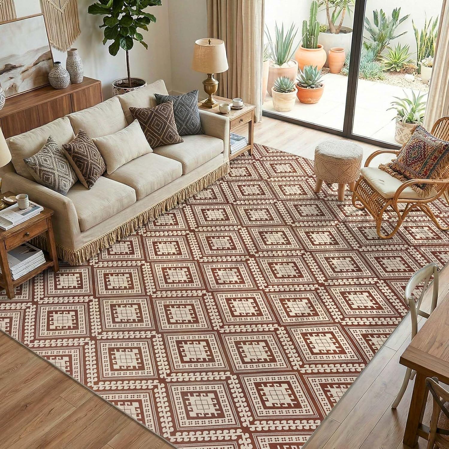 jinchan Area Rug 8x10 Moroccan Living Room Washable Rug Modern Geometric Soft Foldable Thin Accent Contemporary Indoor Non Slip Carpet for Bedroom Kitchen Non Slip Office Brown