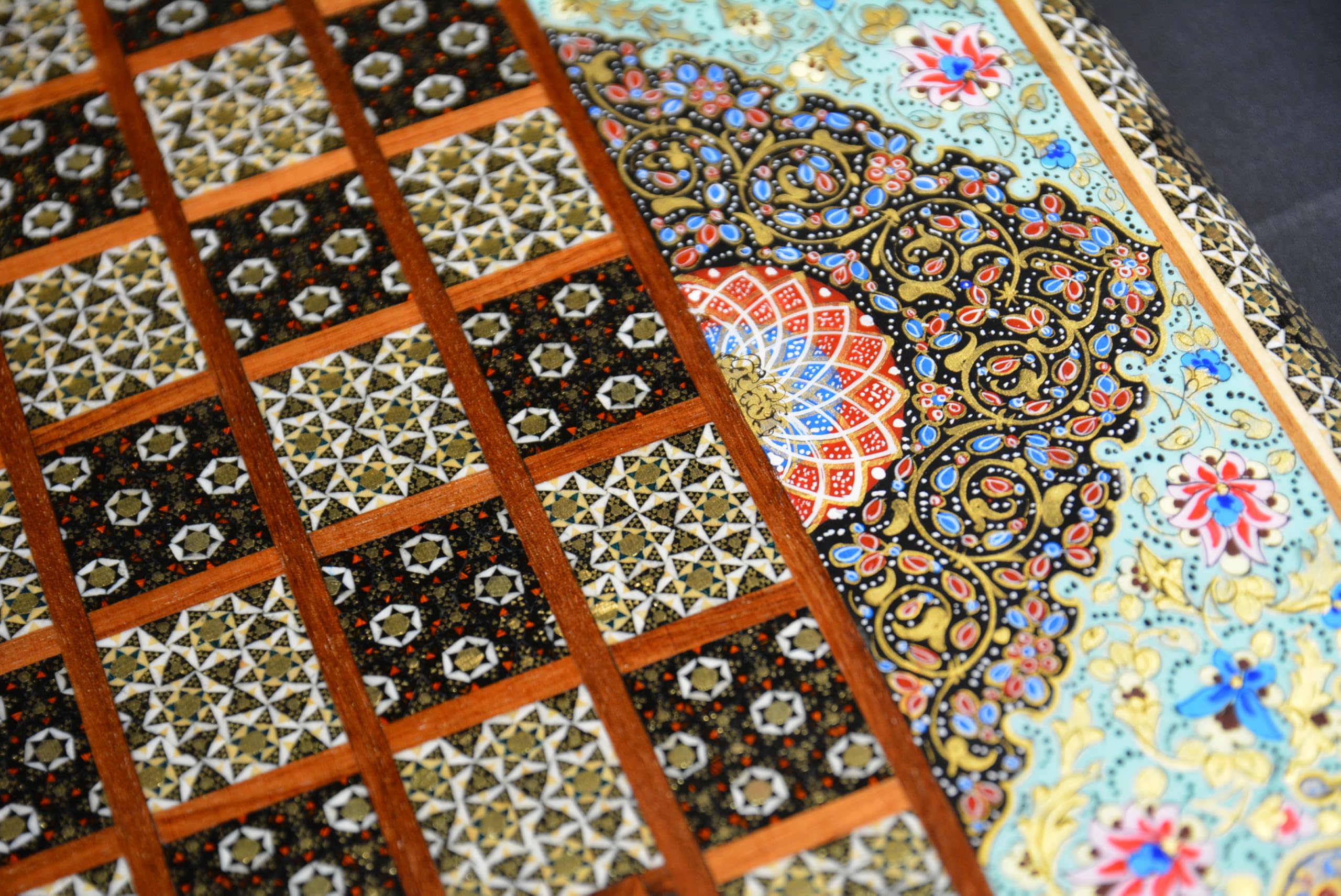 Collection d'échecs de backgammon en bois fait à la main en marqueterie peinte à la main avec étui de protection, dés et pions en bois 50 x 50 cm, 3,5 kg (motif floral premium 13)