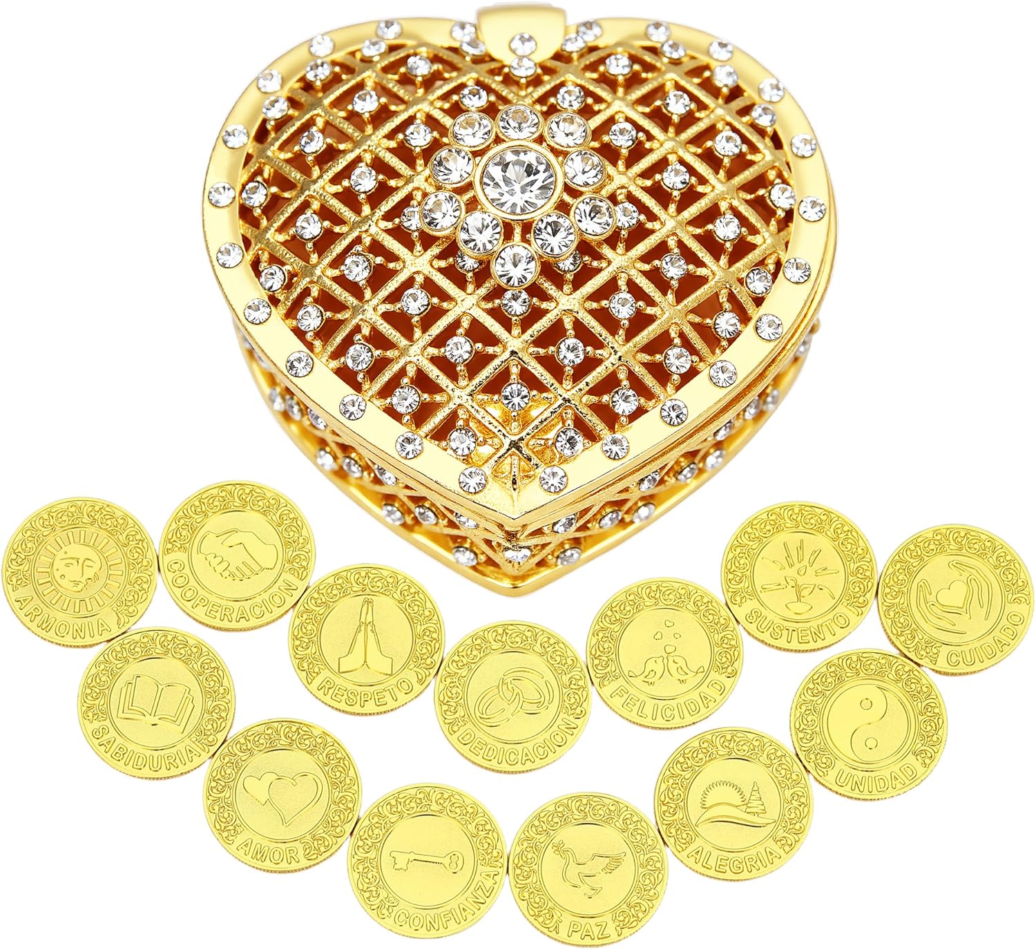 TINGKU 13 Spanish Words Las Arras para Boda Catolica, Wedding Unity Coins Set with Heart Shaped Box, Arras de Boda Cristiana for Wedding Ceremony, Regalos Para Bodas de Matrimonio - Gold Coins