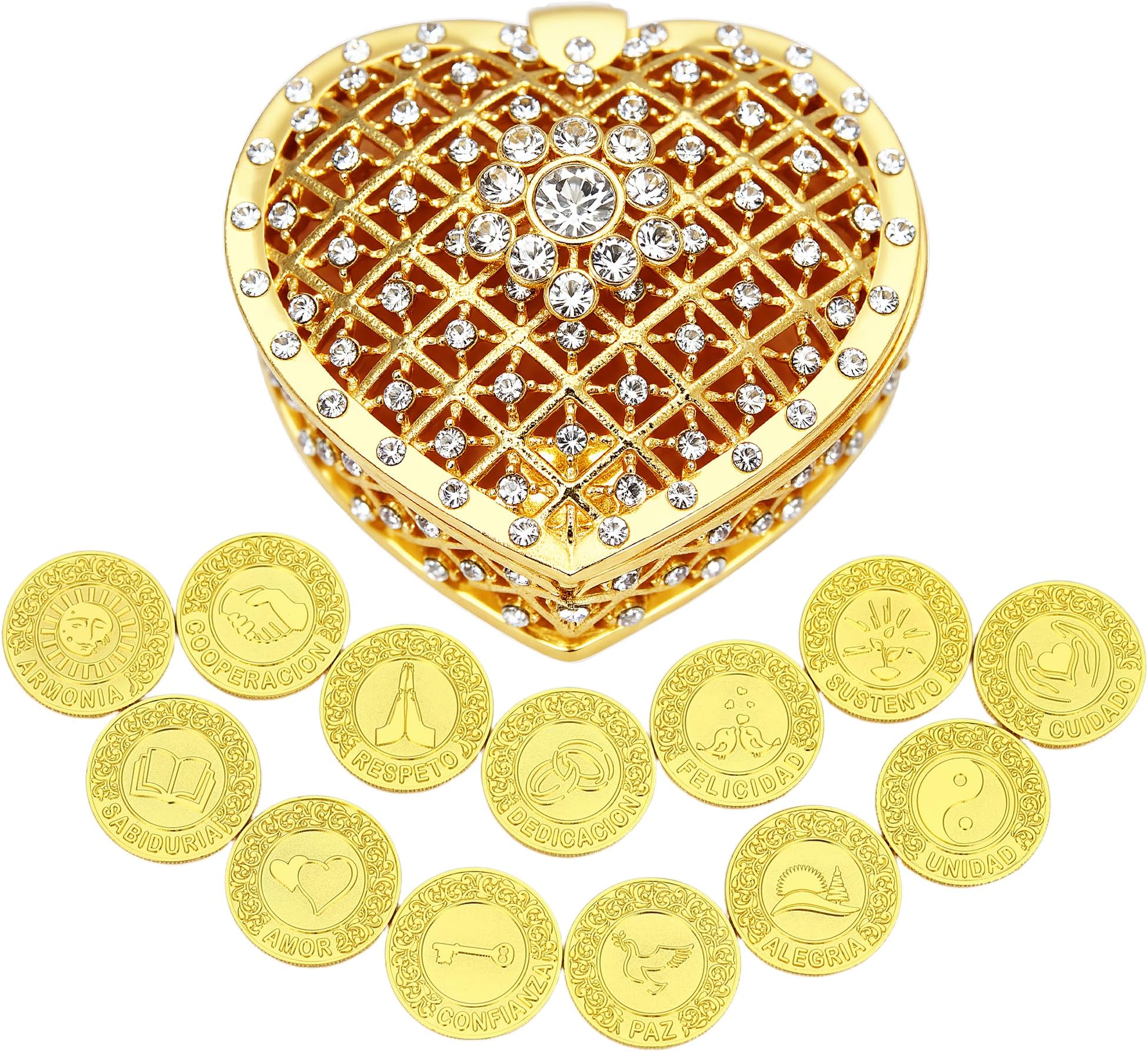 TINGKU 13 Spanish Words Las Arras para Boda Catolica, Wedding Unity Coins Set with Heart Shaped Box, Arras de Boda Cristiana for Wedding Ceremony, Regalos Para Bodas de Matrimonio - Gold Coins