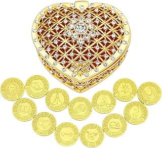 TINGKU 13 Spanish Words Las Arras para Boda Catolica, Wedding Unity Coins Set with Heart Shaped Box, Arras de Boda Cristiana Evangelica for Wedding Ceremony, Aras de Matrimonio - Gold Coins