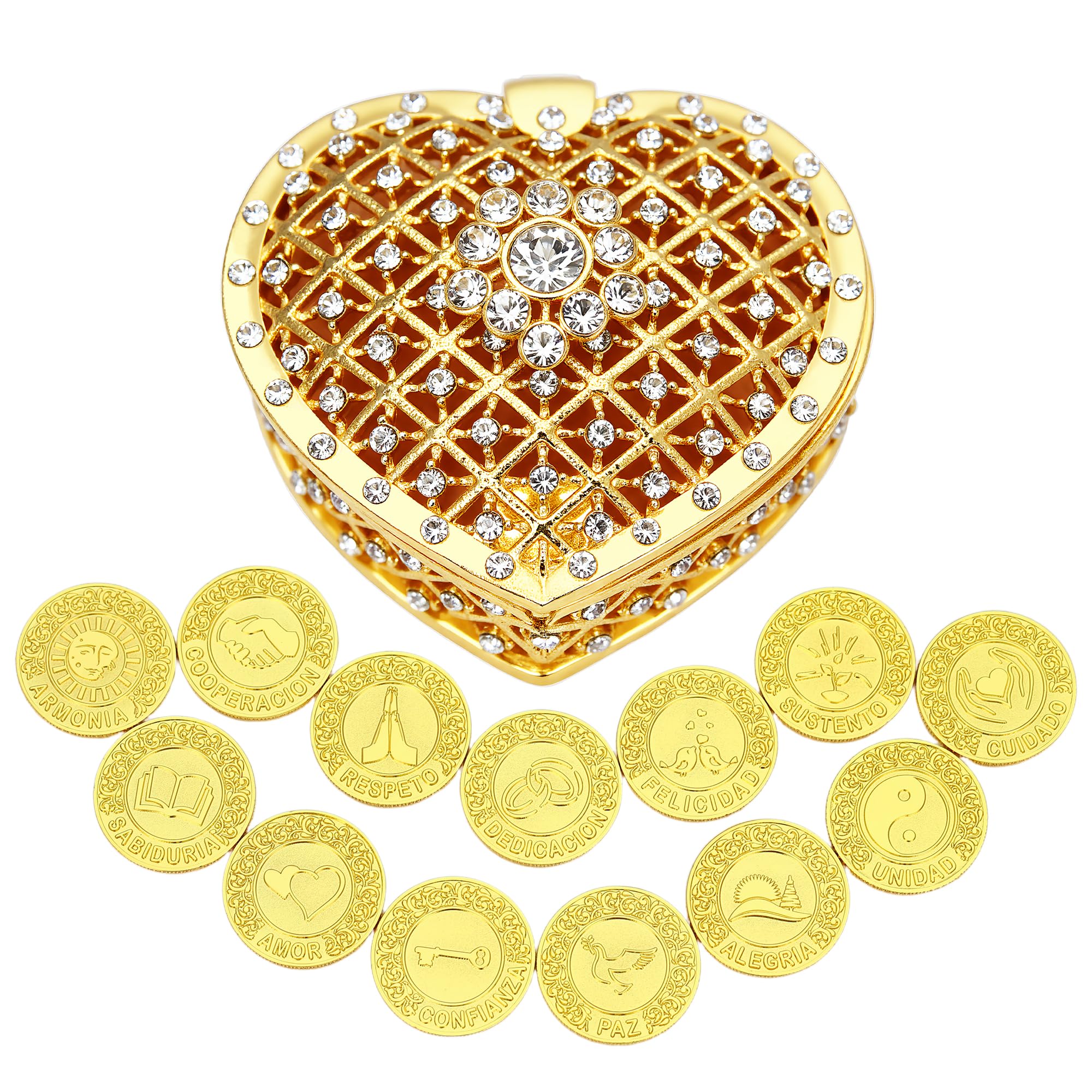 TINGKU 13 Spanish Words Las Arras para Boda Catolica, Wedding Unity Coins Set with Heart Shaped Box, Arras de Boda Cristiana for Wedding Ceremony, Regalos Para Bodas de Matrimonio - Gold Coins