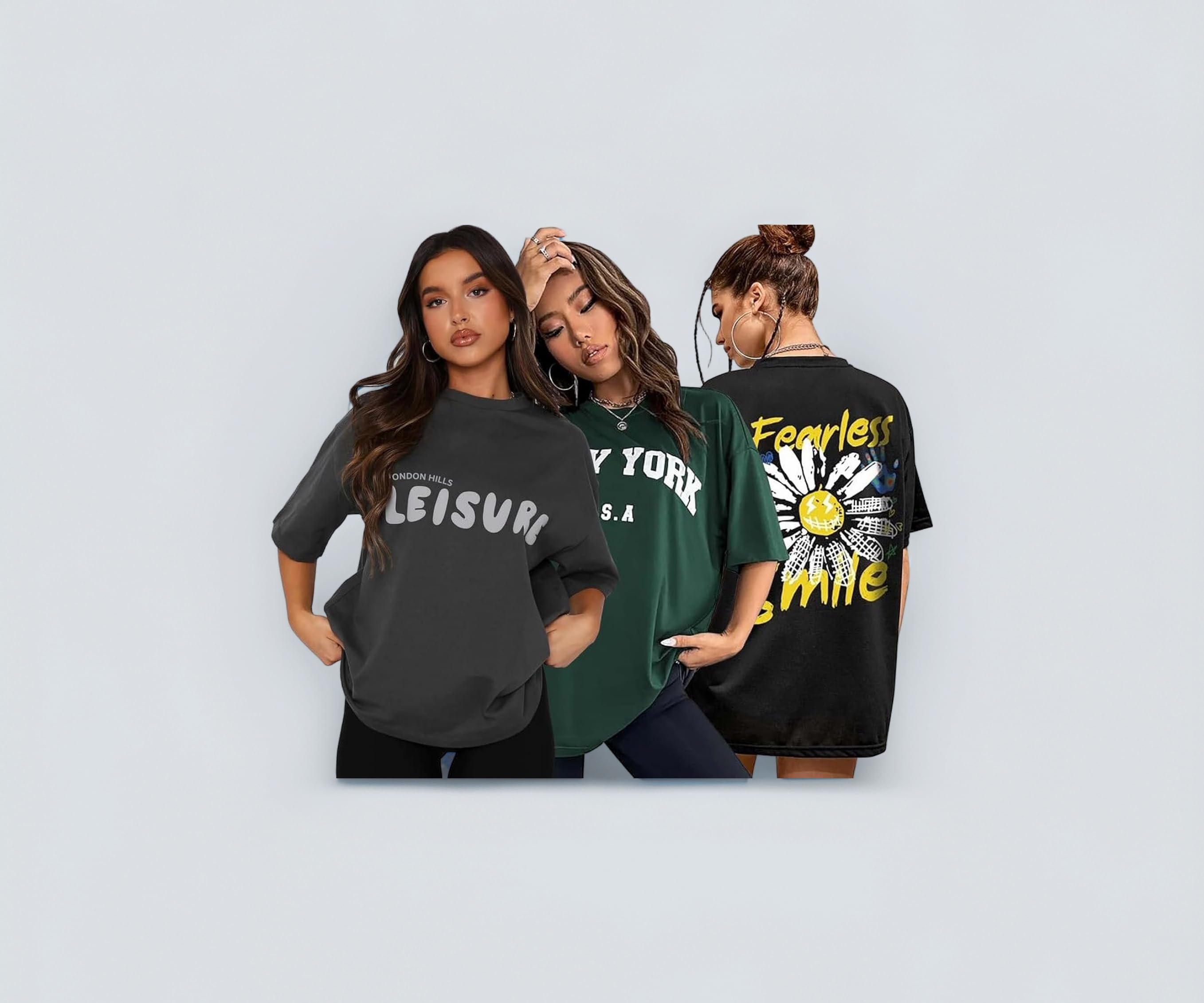 Women's Cotton Oversized Fit Printed Round Neck Oversized T-Shirt | Loose Fit Drop Shoulder T-Shirt Pack of 3