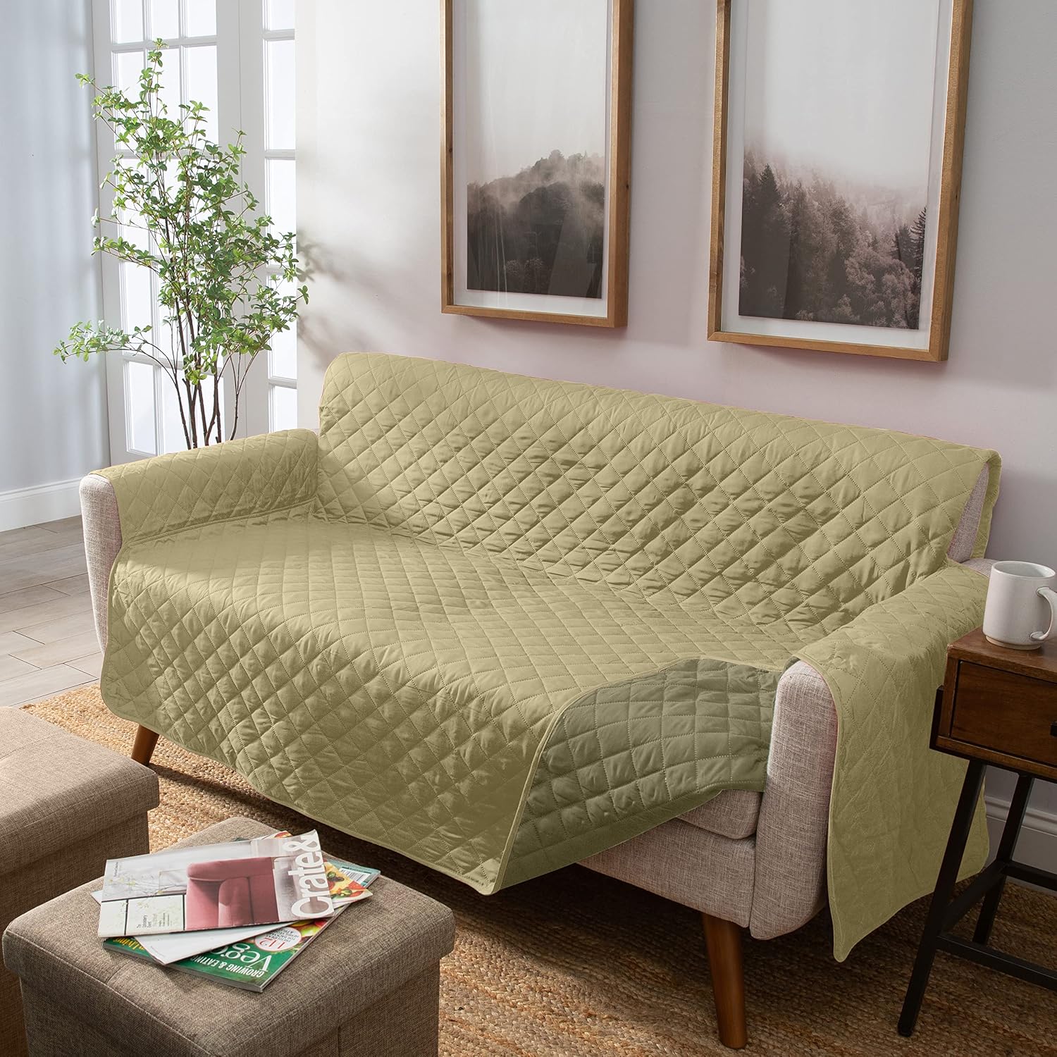 Home Details Quilted Reversible Furniture Protector Slipcover, Good for Dog Hair, Dust & Spills, Machine Washable, Love Seat, Sage-Olive