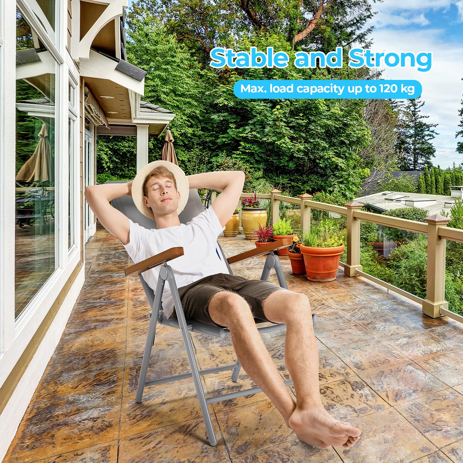 LIFERUN Gartenstühle Alu 4er Set, Gartenstuhl Hochlehner Klappbar mit 7-Fach Verstellbar Rückenlehne, Teakbraun WPC Armlehnen, Balkonstühle bis 120kg, Leicht Campingstühle, Komfortabel Wetterfest 4pcs