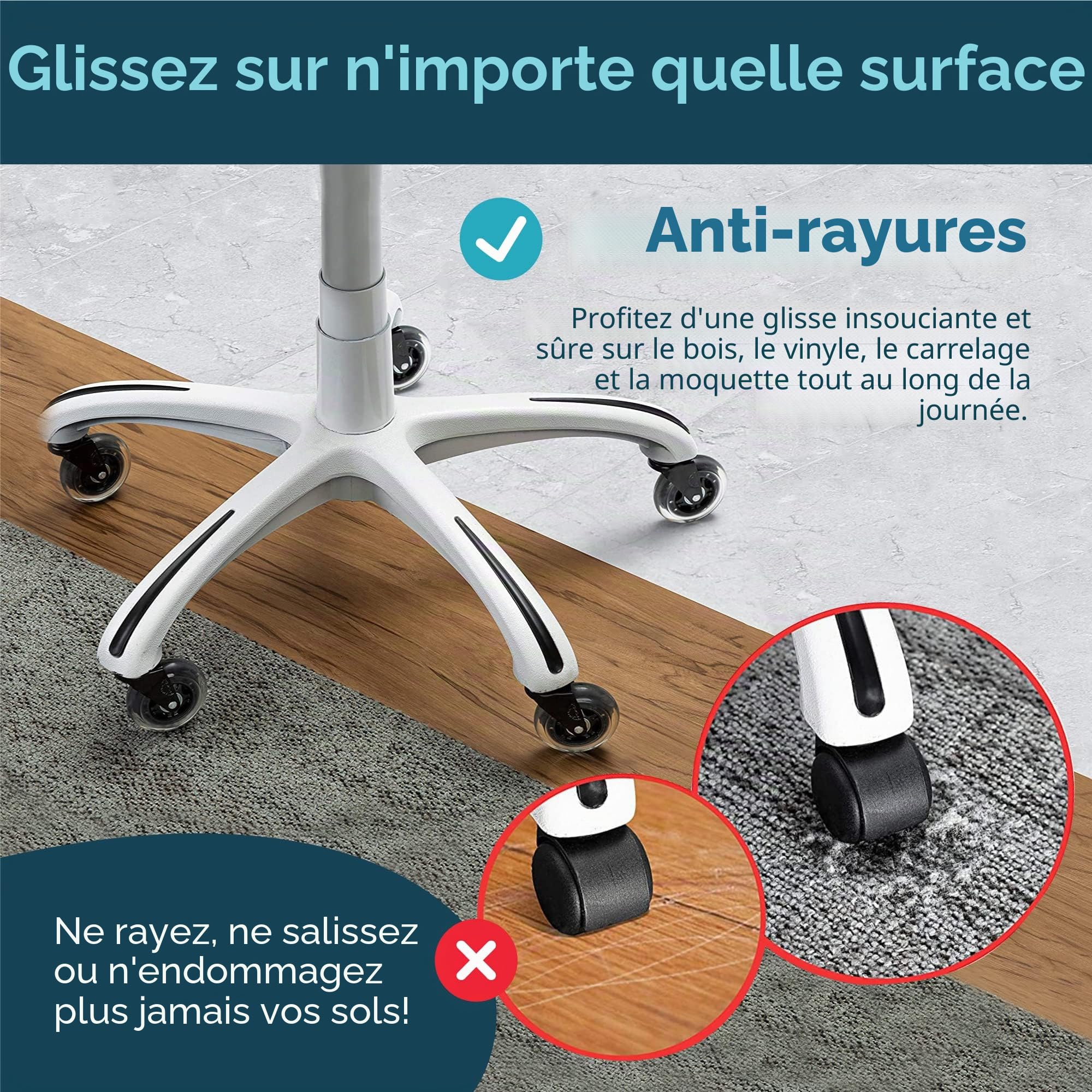 Roulettes de chaise de bureau Roulettes de chaise en caoutchouc de remplacement pour sols en bois dur et moquette, lot de 5, 11x22mm (PAS 1KEA)