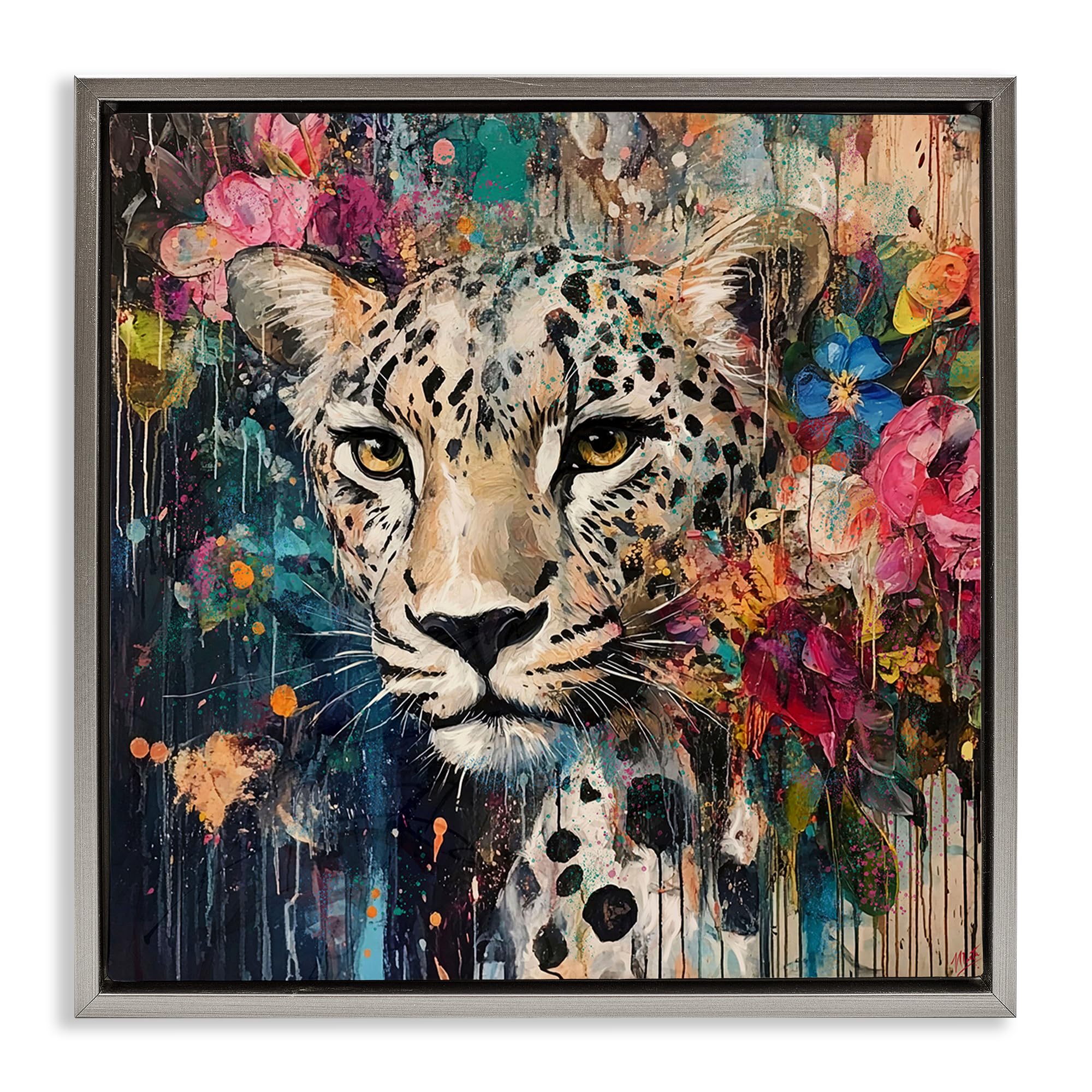 Stupell Industries Luster Gray (Matte) 'Cheetah & Exotic Blooms'| Floating Frame Canvas Art