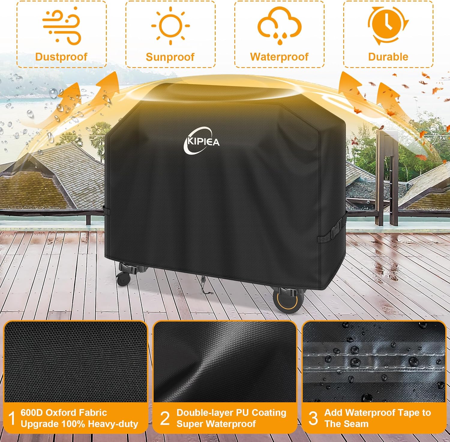 Kipiea Heavy Duty Grill Cover for Traeger Timberline 1300, 600D Oxford Fabric Wood Pellet Smoker Covers Waterproof & Windproof, Pellet BBQ Grill Cover for Outside Anti-UV, No Tear, No Fading