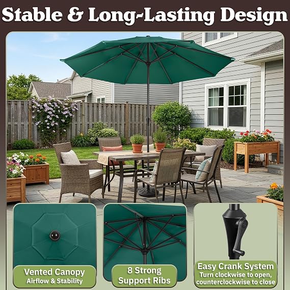Pure Garden 9FT Round Patio Umbrella with 19lb Weighted Base - Easy Crank, Vented Canopy Outdoor Umbrella for Shade - For Deck, Balcony, Porch, Backyard, or Pool (Dark Green)