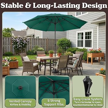 Pure Garden 9FT Round Patio Umbrella with 19lb Weighted Base - Easy Crank, Vented Canopy Outdoor Umbrella for Shade - For Deck, Balcony, Porch, Backyard, or Pool (Dark Green)