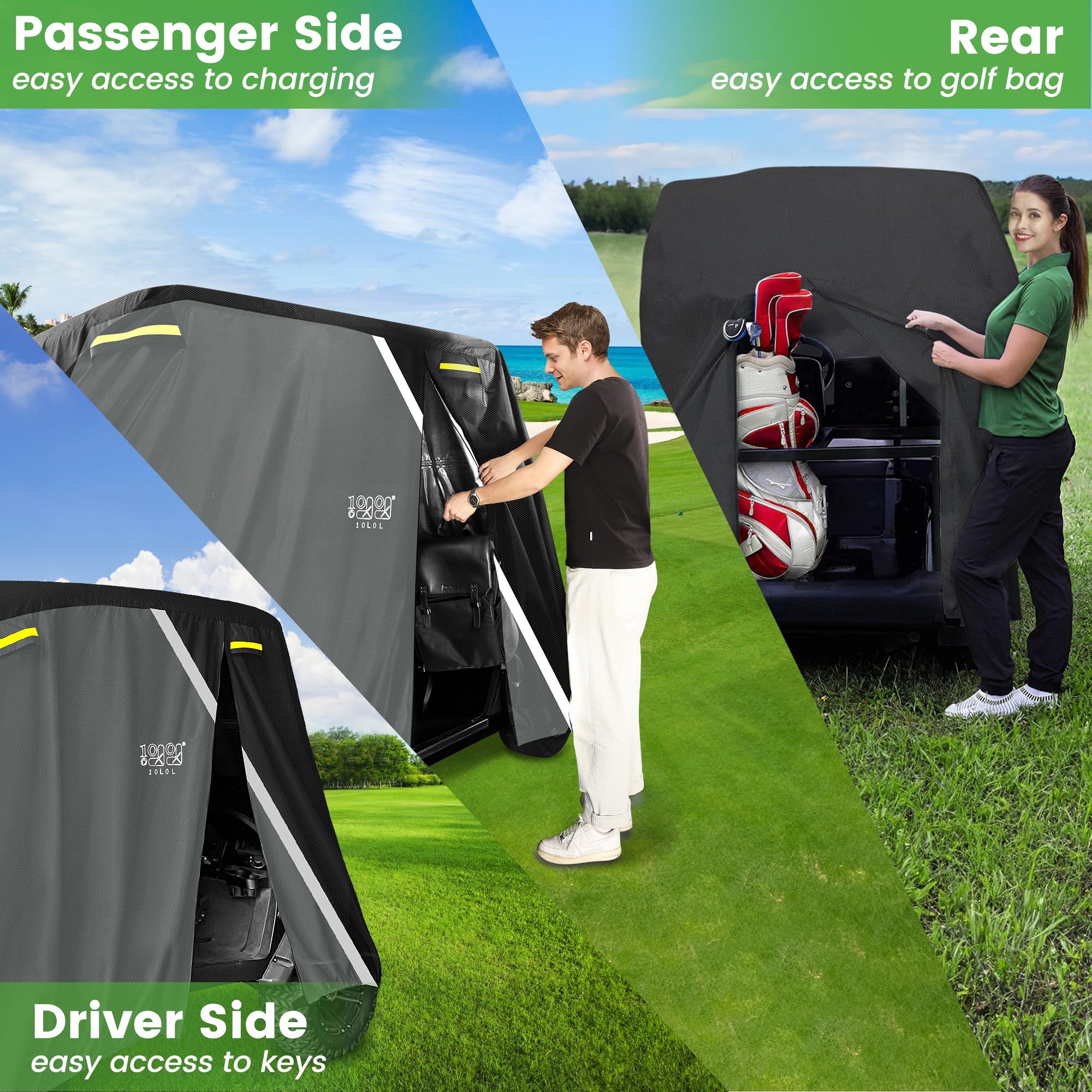10L0L Golfwagen-Abdeckung für 2/4/4+2 Beifahrer für Yamaha EZGO Club Auto, strapazierfähig, 420D wasserdicht, winddicht, langlebig, Polyester, Golfwagen-Abdeckung mit 3 Reißverschluss-Türen für