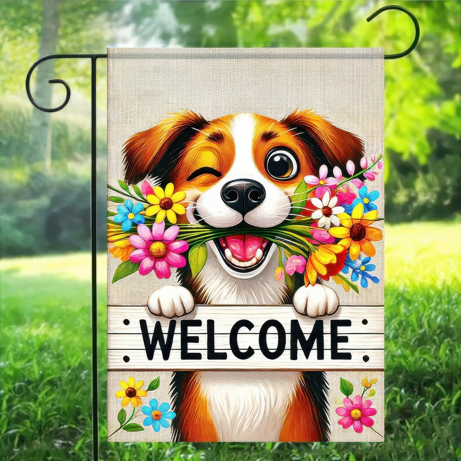 Welcome Spring Summer Garden Flag 12x18 Inch Double Sided Welcome Happy Cute Puppy Dog Outdoor Garden Flag Flower House Seasonal Yard Outside House Decoration - Image 2