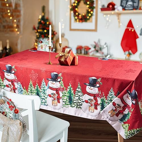 Miniatura 2 de Mantel cuadrado de Navidad con patrones de muñeco de nieve y copo de nieve, mantel de tela de damasco jacquard rojo para decoración de vacaciones e