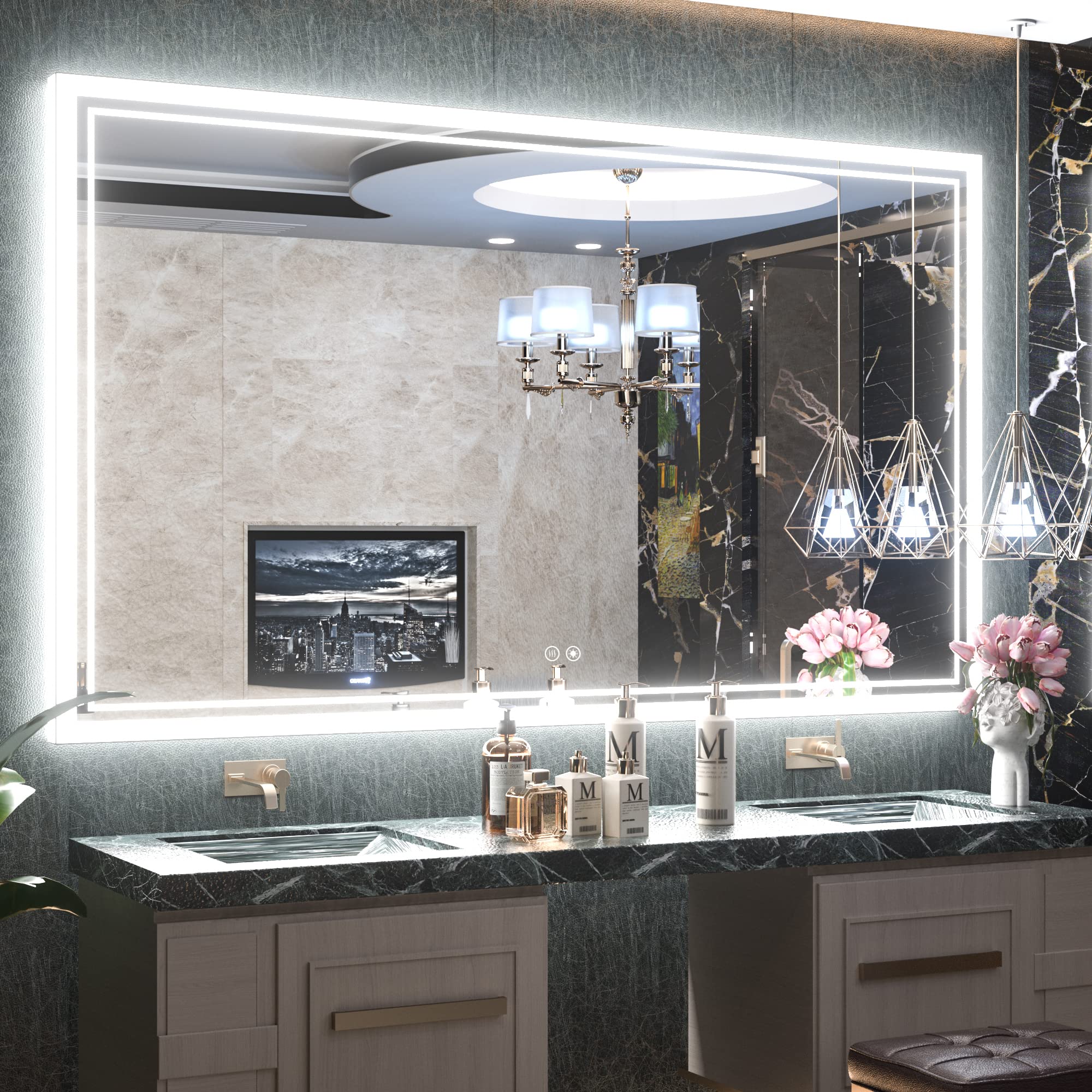 TokeShimi LED Mirror for Bathroom 60×36inch Vanity Make up Mirror with Light 3-Color dimmerabel Mirr