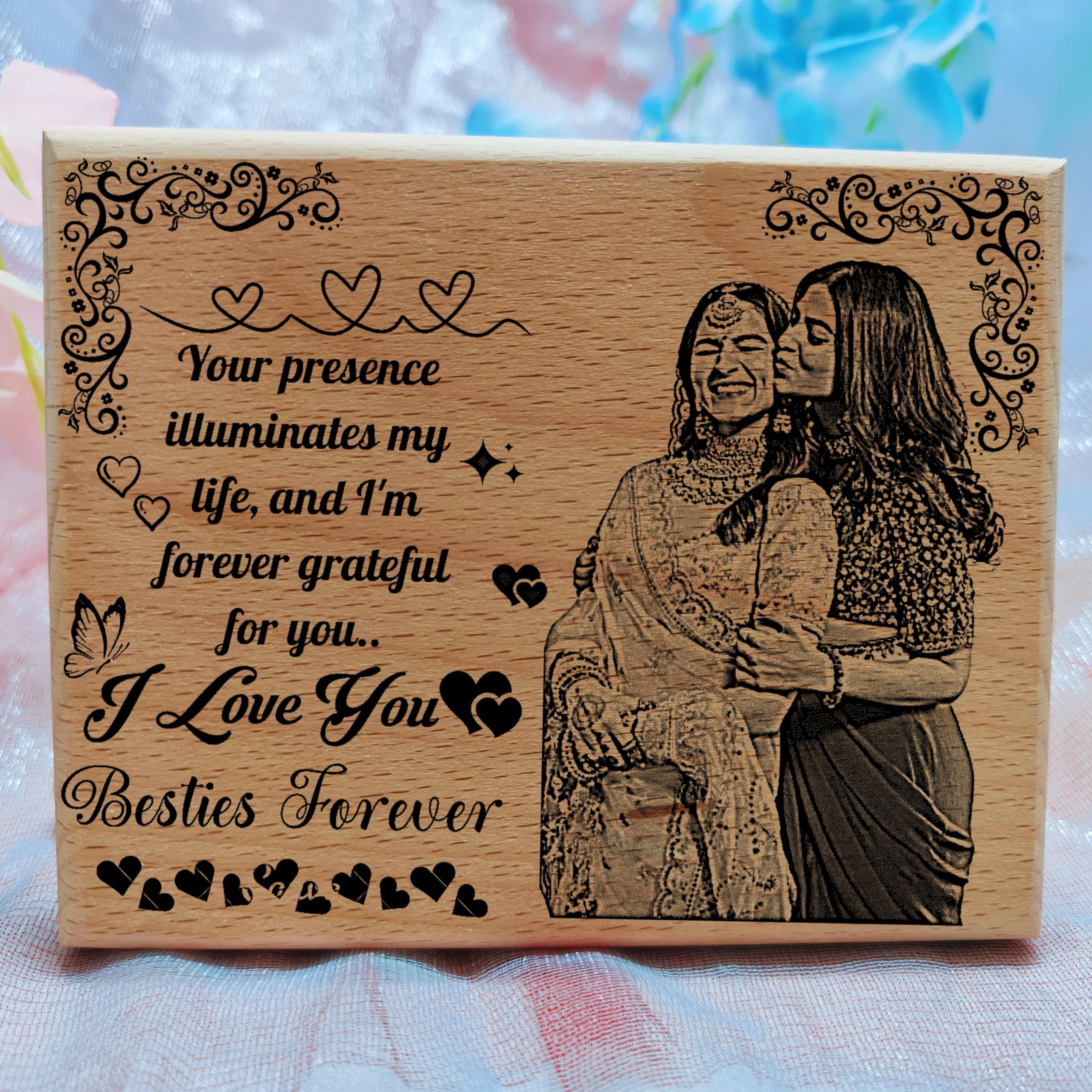 Giftairs Customized Engraved Wooden Best Friend Photo Frame, Personalize Engraved Wooden Plaque for Best Friend/Sister/Besties Forever (4X5 Inch)