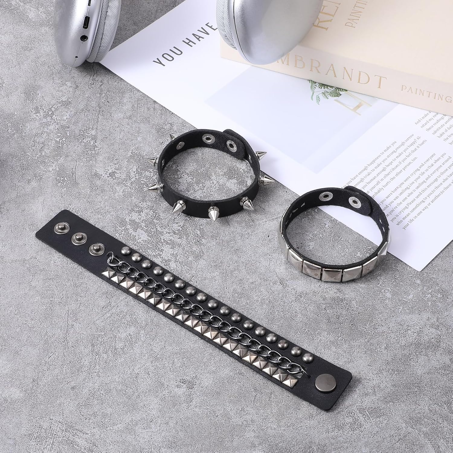 3 Piece Punk Rock Studded Bracelets Black Spiked Leather Cuff Bracelet for Men Women Adjustable Goth Bracelets 80s Retro Style Wristband Halloween Party Accessories