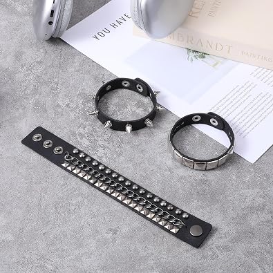 3 Piece Punk Rock Studded Bracelets Black Spiked Leather Cuff Bracelet for Men Women Adjustable Goth Bracelets 80s Retro Style Wristband Halloween Party Accessories