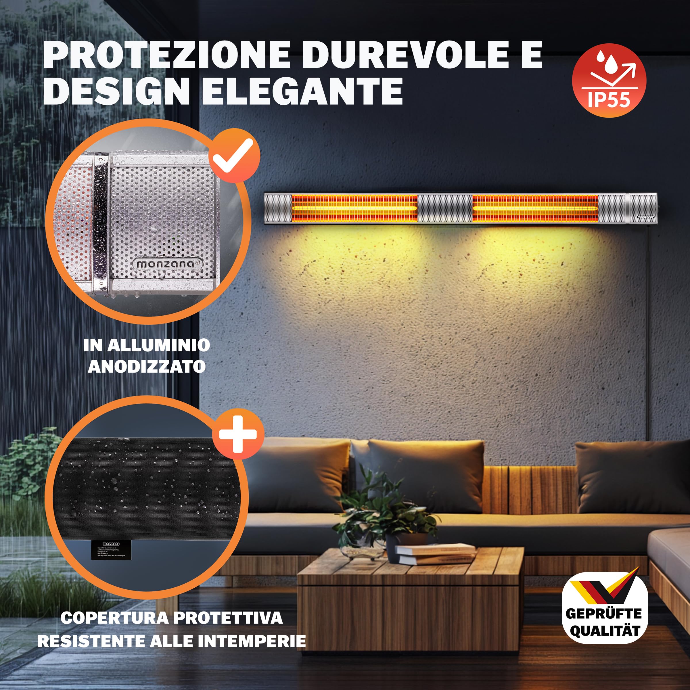 MONZANA® Stufa Elettrica a Infrarossi 3 Livelli di Calore 3000W Inclinabile di 90° Telecomando App IP55 Stufetta Fungo