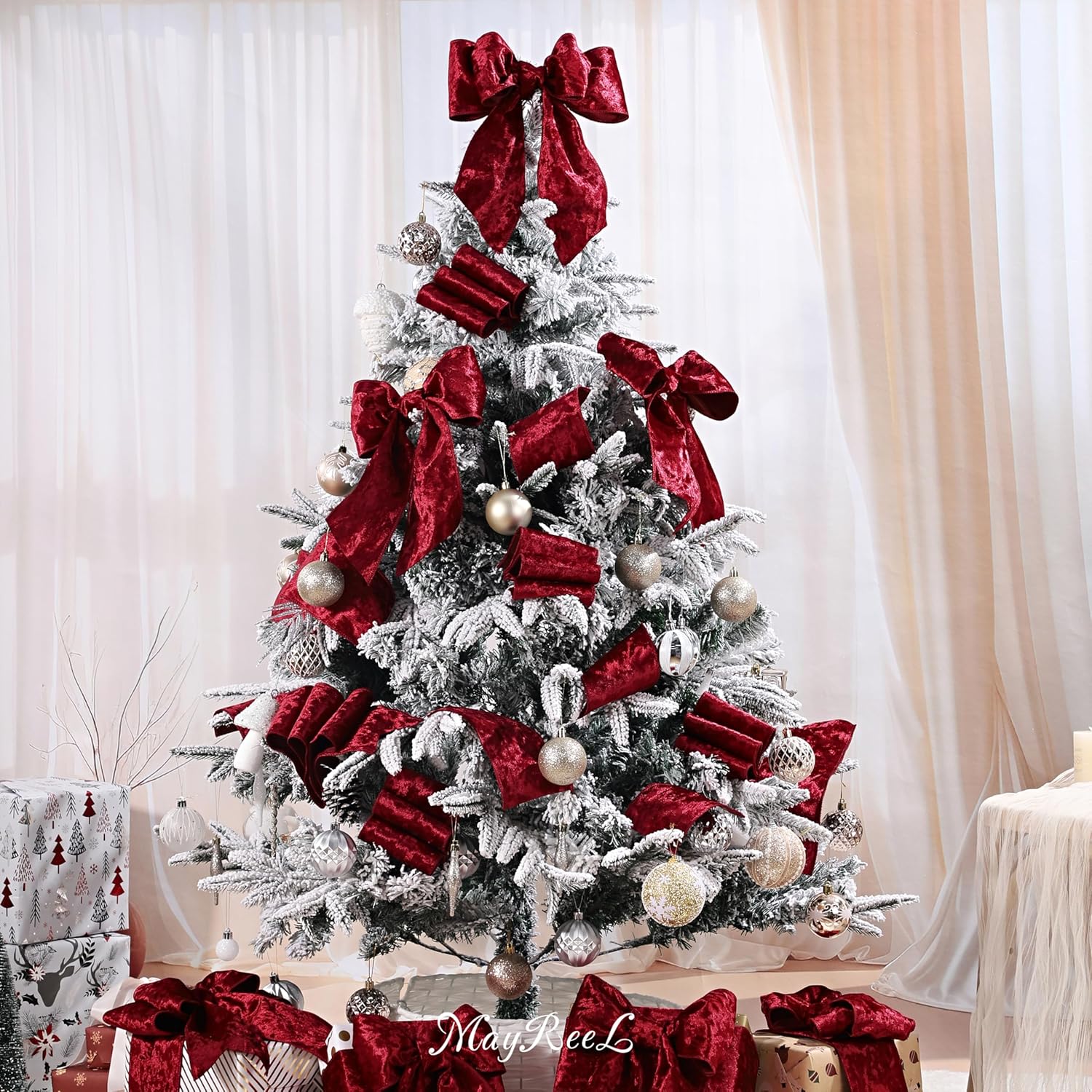 MAYREEL 4 Inch Burgundy Crushed Velvet Ribbon Wired Extra Wide for Christmas Decorations Gift Wrapping Wreaths Tree Toppers 10 Yards