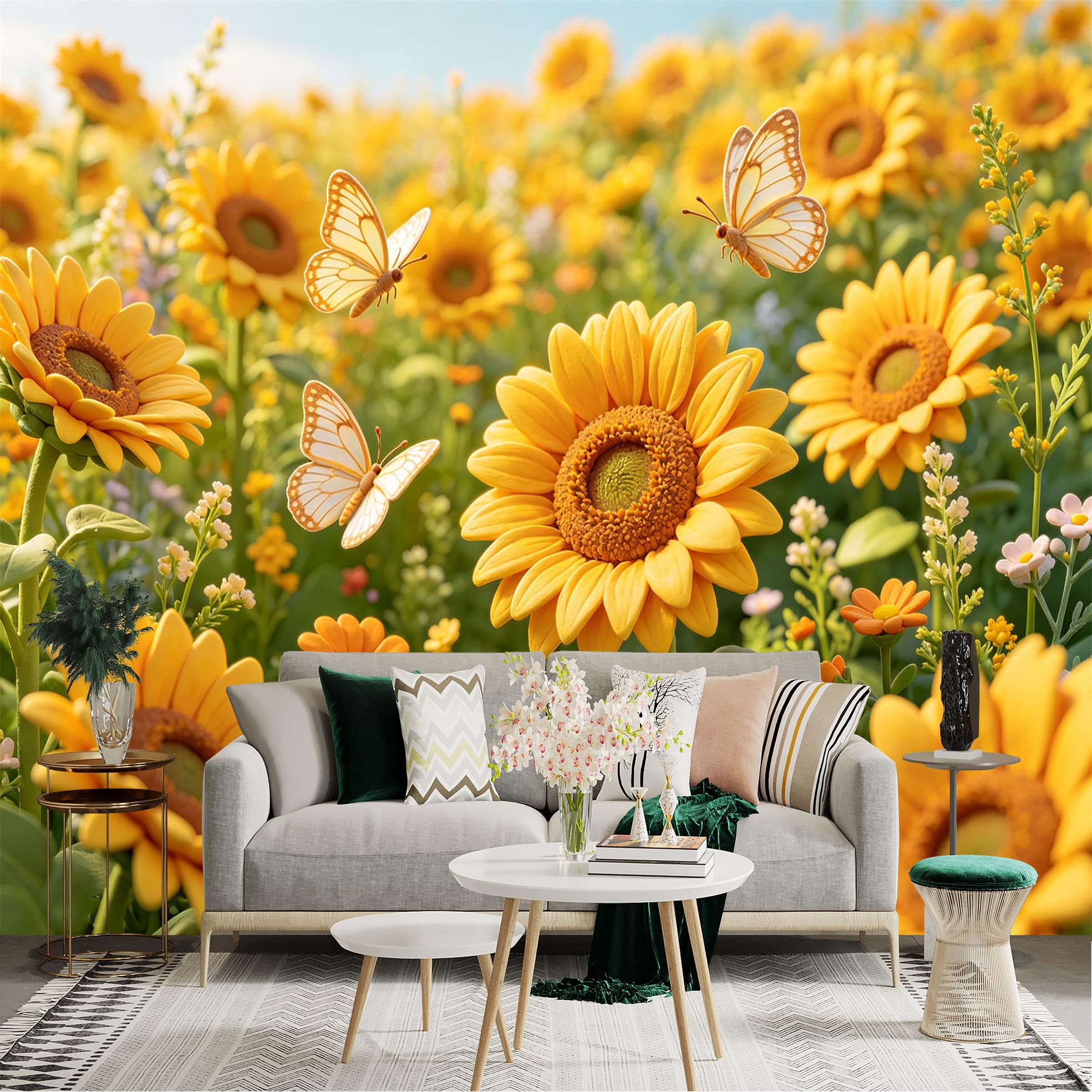 Lnzczhyre Dbh260521466 Custom Size Wall Sticker Mural， Vibrant Yellow Sunflowers Field With Flying Butterflies， Summer Garden Floral Scene， For Wall Decoration， Peelandstick Wall Decals.