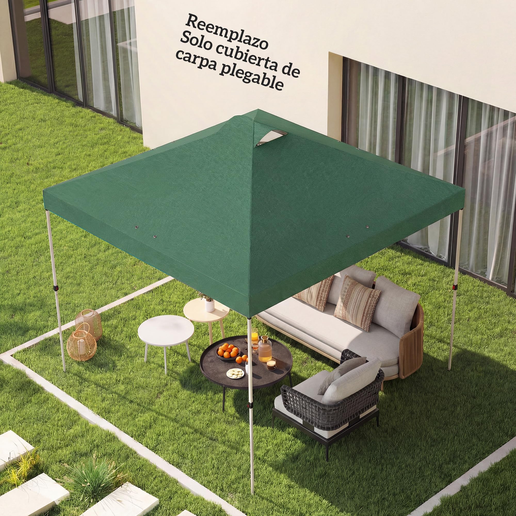 Outsunny Toldo de Pérgola de Recambio 3x3 m Techo de Repuesto para Carpa Plegable de Jardín de Tela Oxford 210D con 8 Orificios de Drenaje y Doble Ventilación Protección UV 50+ Solo TOLDO Verde