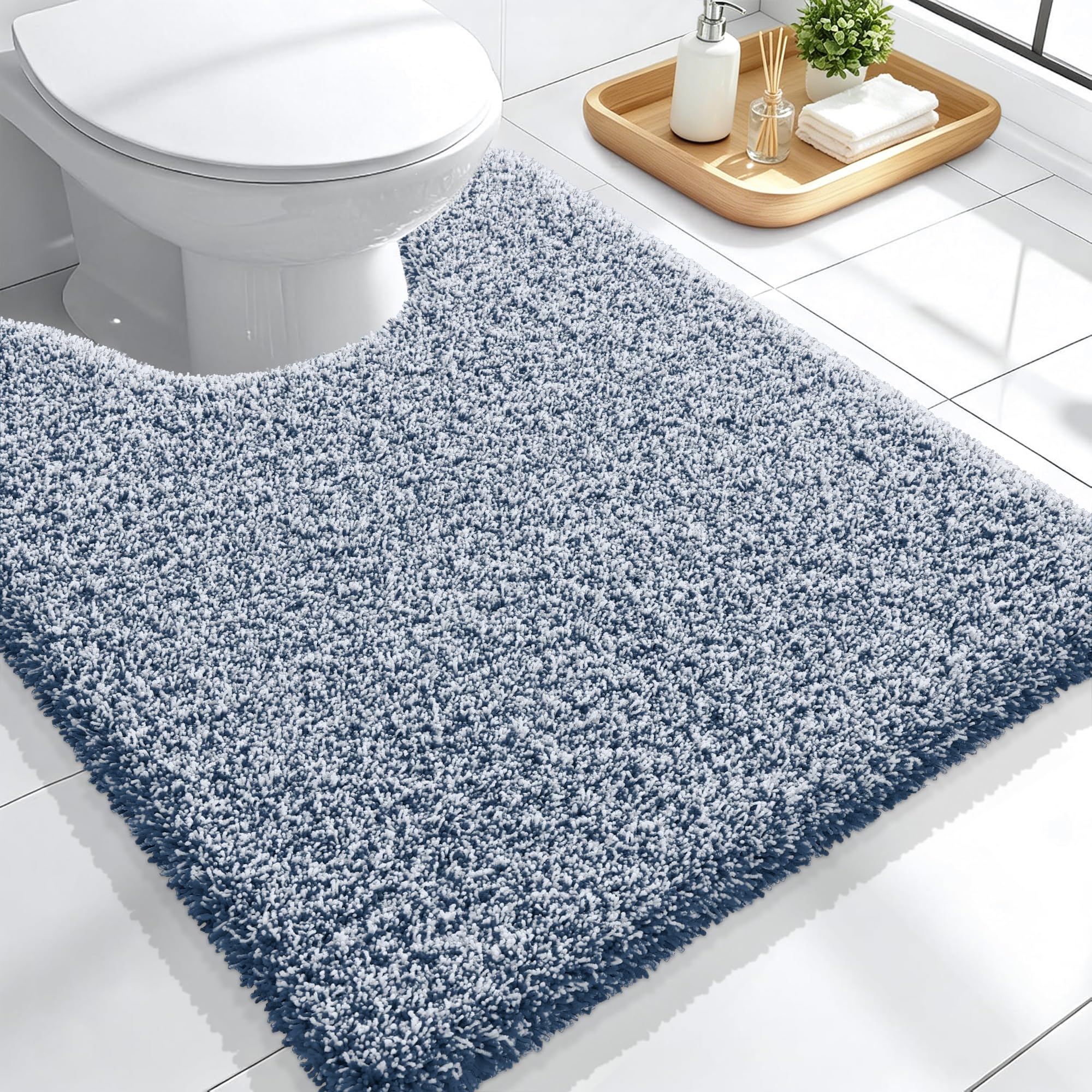 OLANLY Microfiber Bathroom Toilet Rugs U-Shaped Mat 24x20, Navy and White