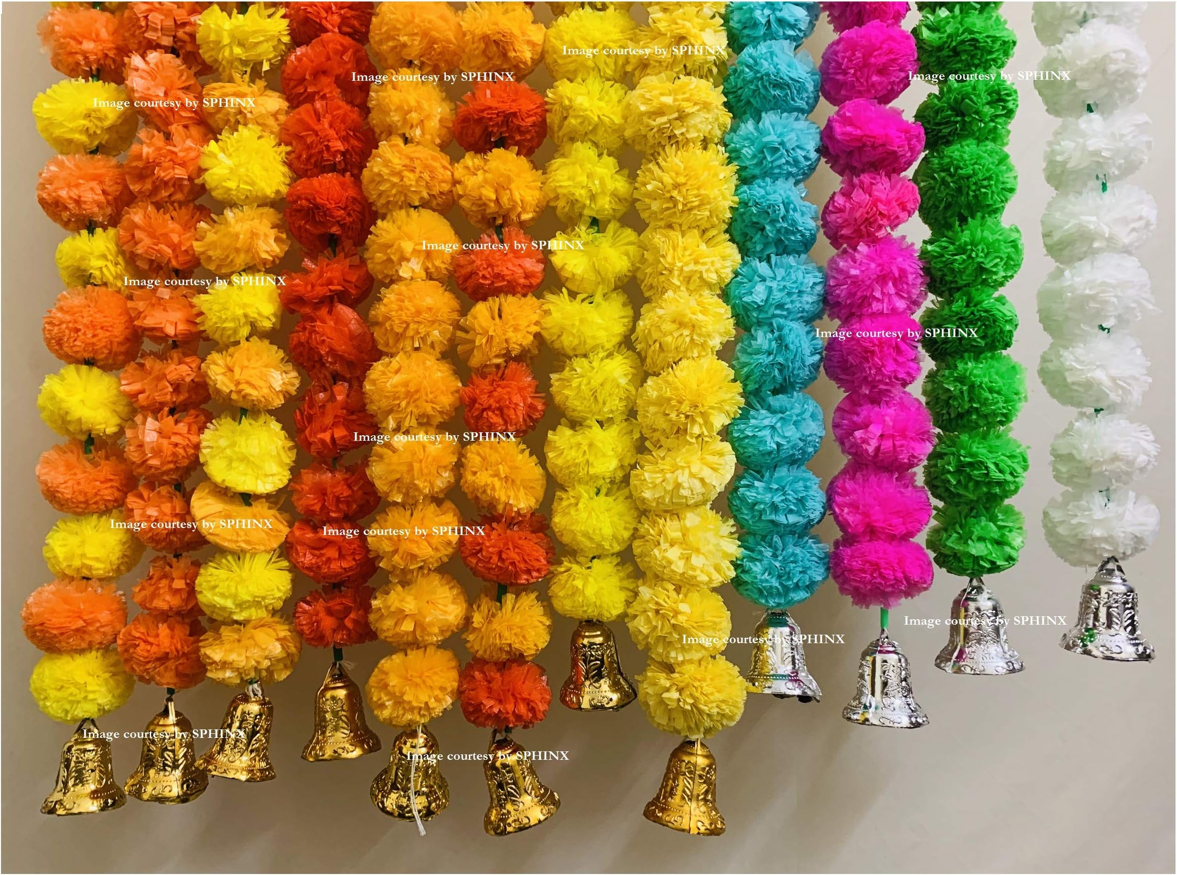 SPHINX Artificial Marigold Fluffy Flowers and Golden/Silver Hanging Bells Short Garlands/Torans/Wall hangings for Decoration Approx 2.5 ft- 15 Flowers per String- (Mixed Colors, 10)