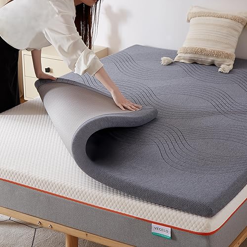 Miniatura 2 de VECELO Cubrecolchón de espuma viscoelástica con infusión de gel, tamaño Queen, protector de colchón fresco de 2 pulgadas con funda lavable para