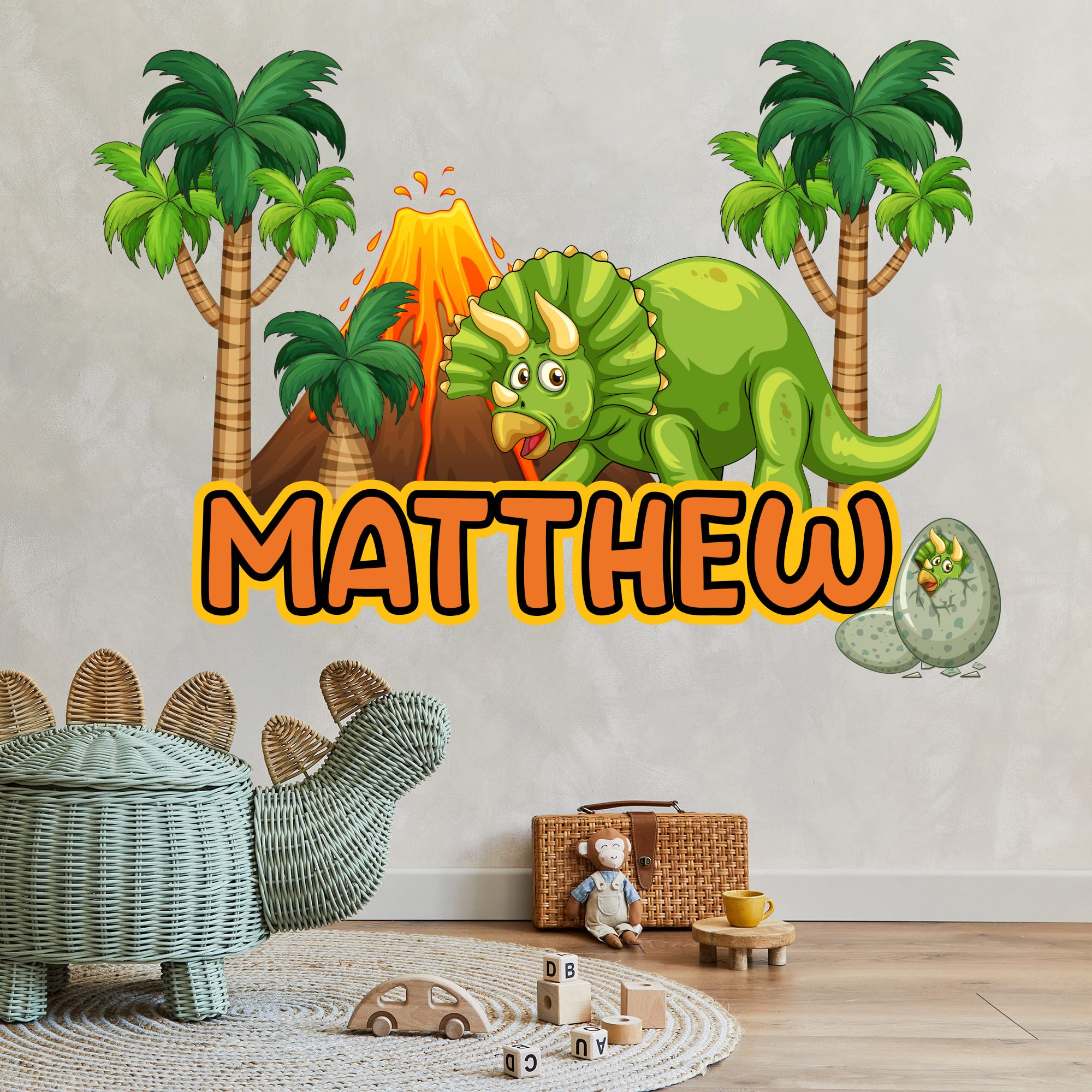 Dinosaur Wall Sticker - Triceratops in Forest Personalised Name Wall Decal Kids Art (90cm Width x 65cm Height)