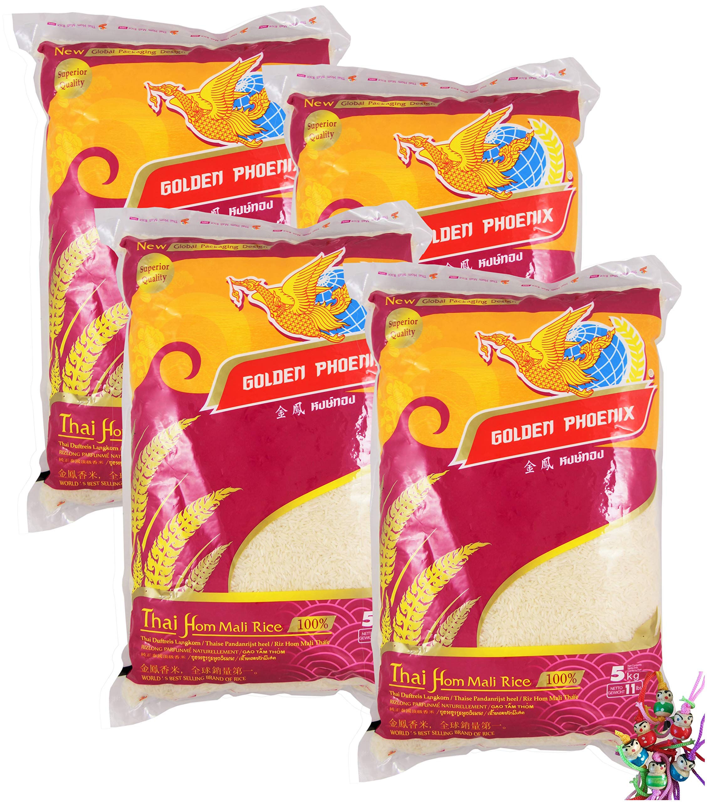 yoaxia ® Marke - 4er Pack - [ 4x 5 kg ] GOLDEN PHOENIX Thai Duftreis Langkorn/Jasmine Rice + ein kleiner Glücksanhänger gratis