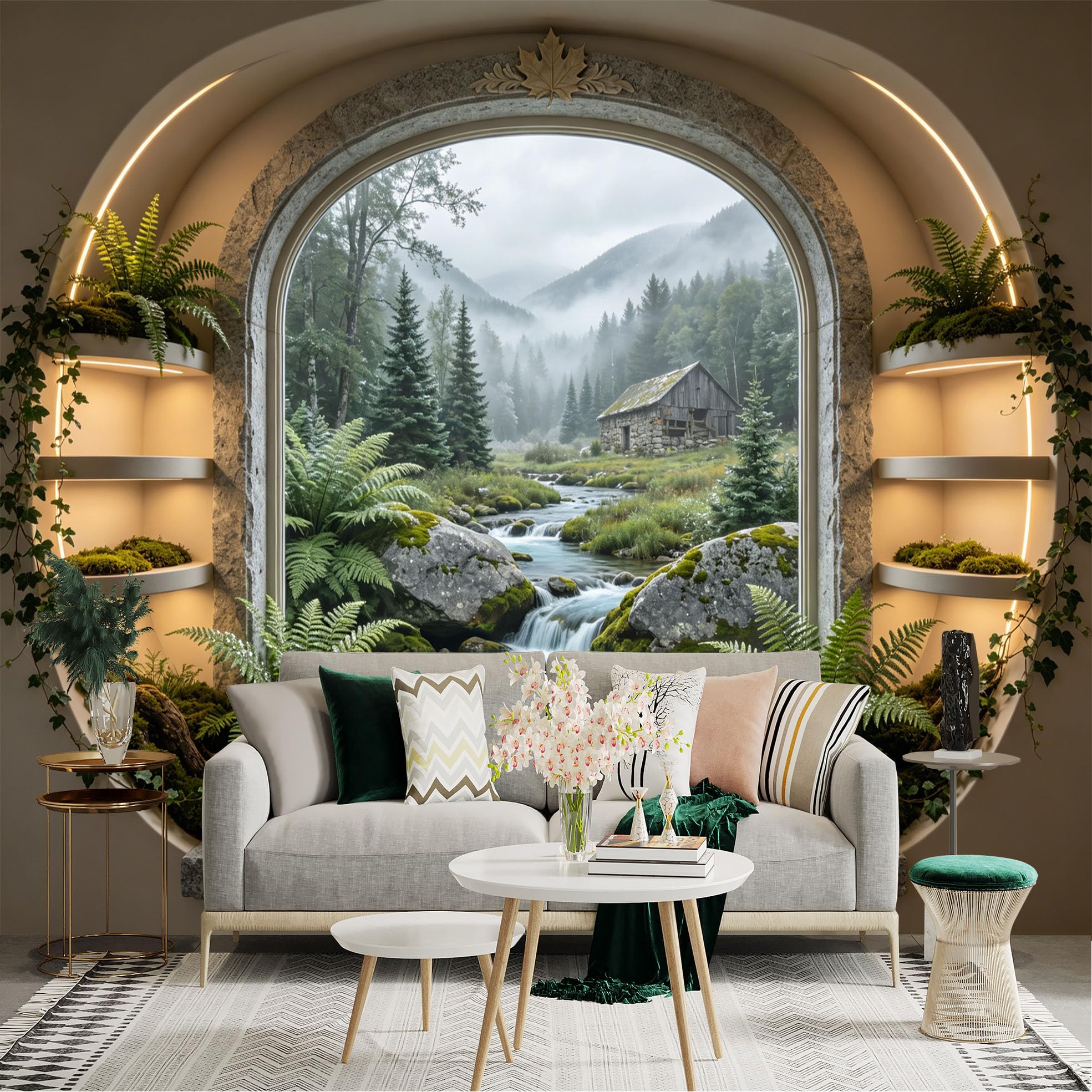 Lnzczhyre Dbh260521183 Custom Size Wall Sticker Mural， Misty Forest Landscape， Stone Cabin By The Creek， Ferns And Mossy Window View， For Wall Decoration， Peelandstick Wall Decals.