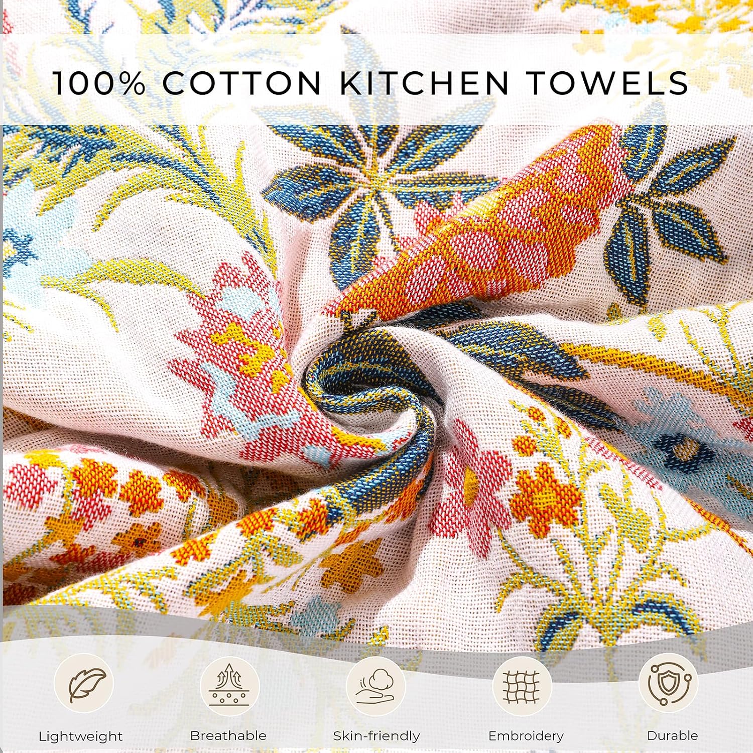 Floral Kitchen Tea Towels, 100% Cotton Jacquard Hand Towels 2 Pack