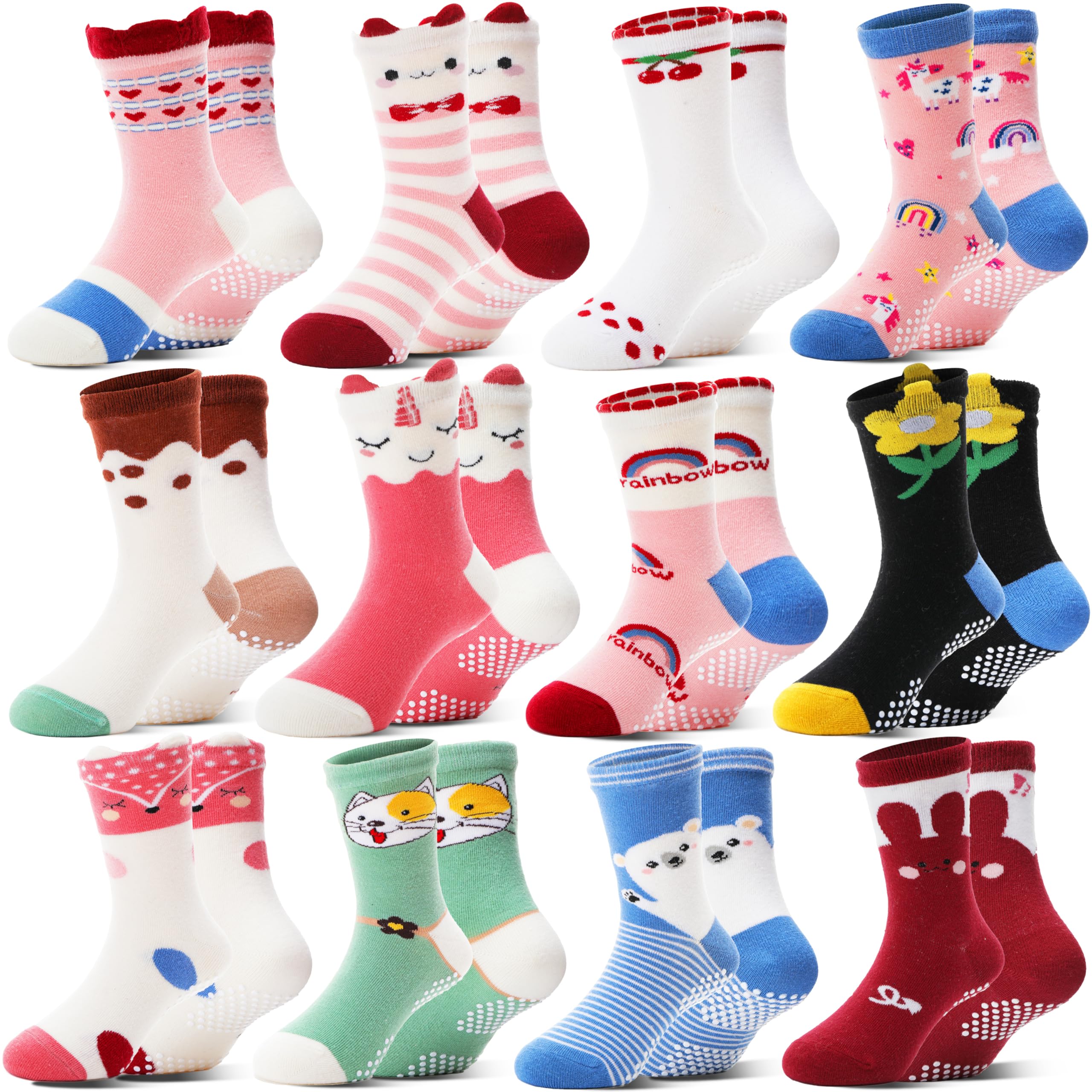 Welwoos 12 Paare Stoppersocken Kinder Baby Mädchen Socken Antirutschsocken Kinder Anti Rutsch Baumwolle Lustige Socken für Kinder Mädchen Kleinkind