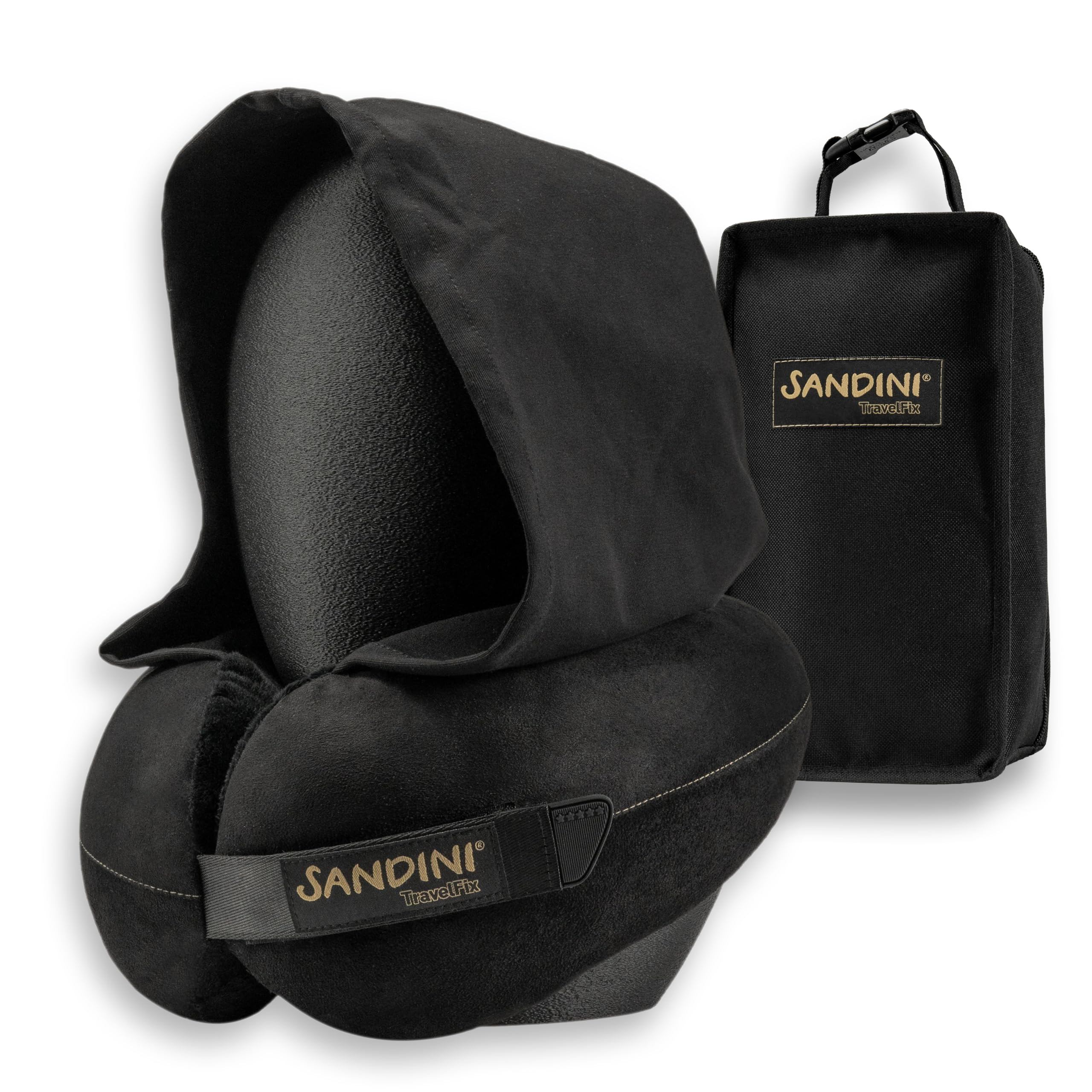 SANDINI TravelFix HOODIE Regular Size - Cuscino da viaggio premium con chiusura/cuscino per il collo con funzione di supporto ergonomico - Borsa da trasporto gratuita con clip di fissaggio