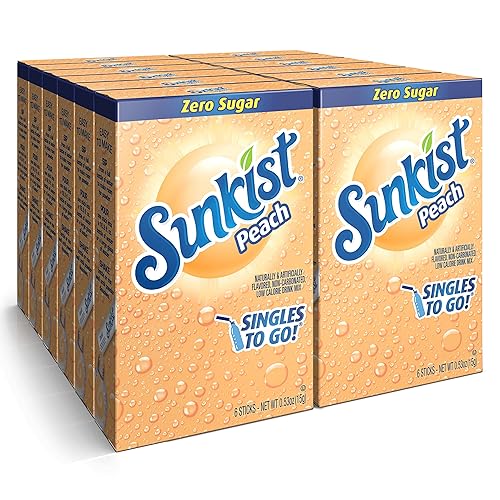 Sunkist Soda SINGLES TO GO! - Mezcla de bebida en 12 cajas con 6 paquetes cada una (sin carbonatación y sin azúcar), melocotón, 72 unidades
